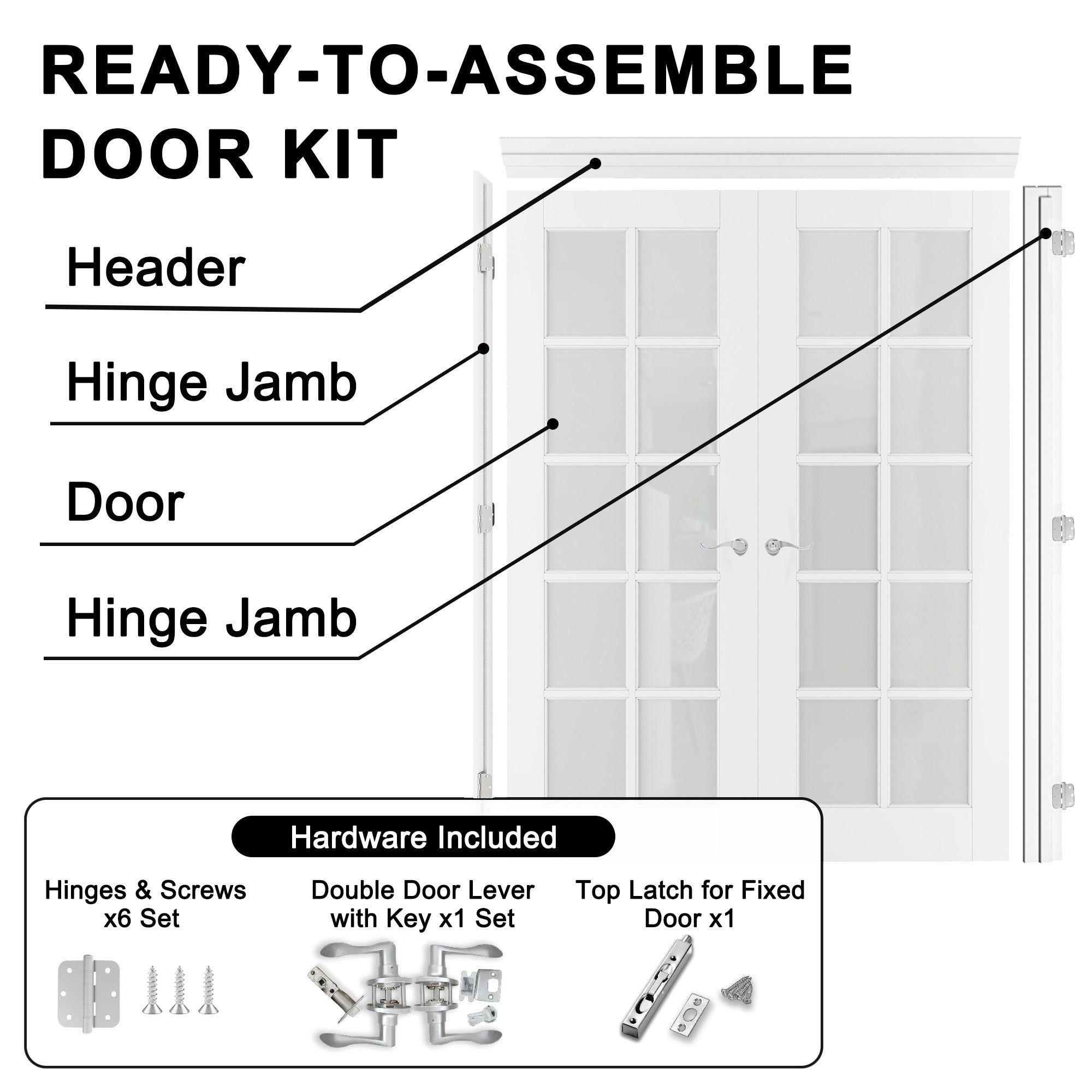 [Silver Hardware Prehung French Door Collection] 10-Lite Frosted Glass French Door with Sliver Hardware Kit & Ready-to-Assemble Jamb, Solid Core MDF Wood, White