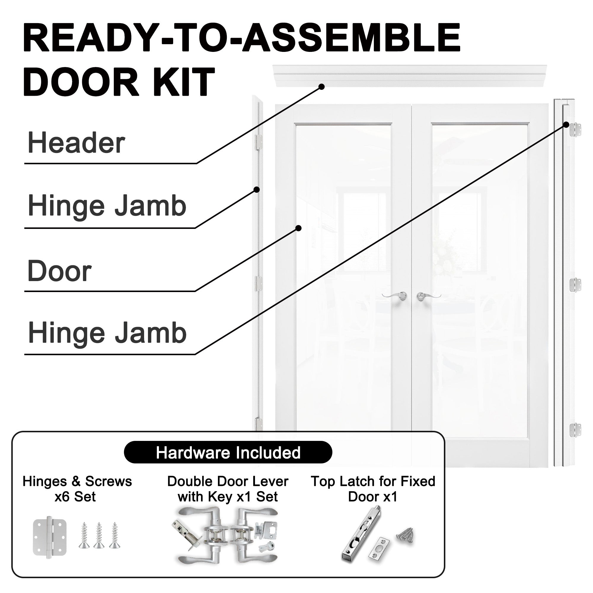 [Silver Hardware Prehung French Door Collection] 1-Lite Clear Glass White Solid Core Double Prehung French Door with Sliver Handware kit & Ready-to-Assemble Jamb