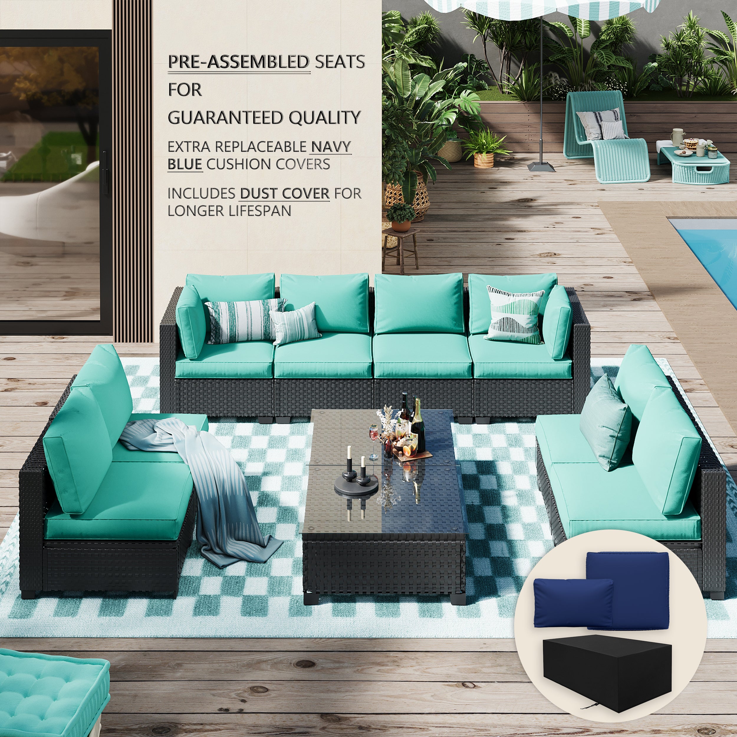 Ark Design 10-Piece Rattan Wicker Outdoor Patio Conversation SofaSeating Set with Coffee Table, Green Cushions with Sofa Protection Cover Option