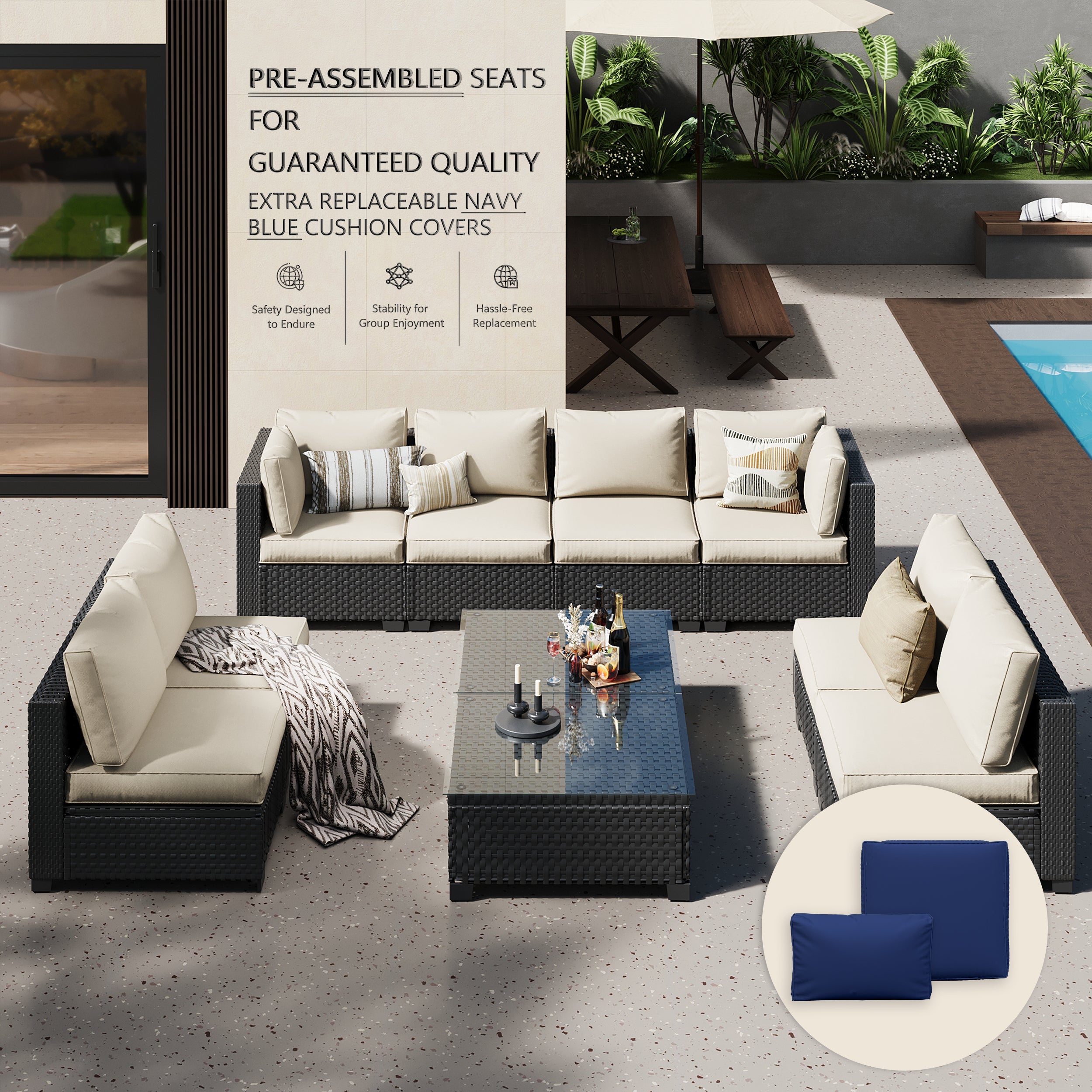 Ark Design 10-Piece Rattan Wicker Outdoor Patio Conversation SofaSeating Set with Coffee Table, Beige Cushions with Sofa Protection Cover Option