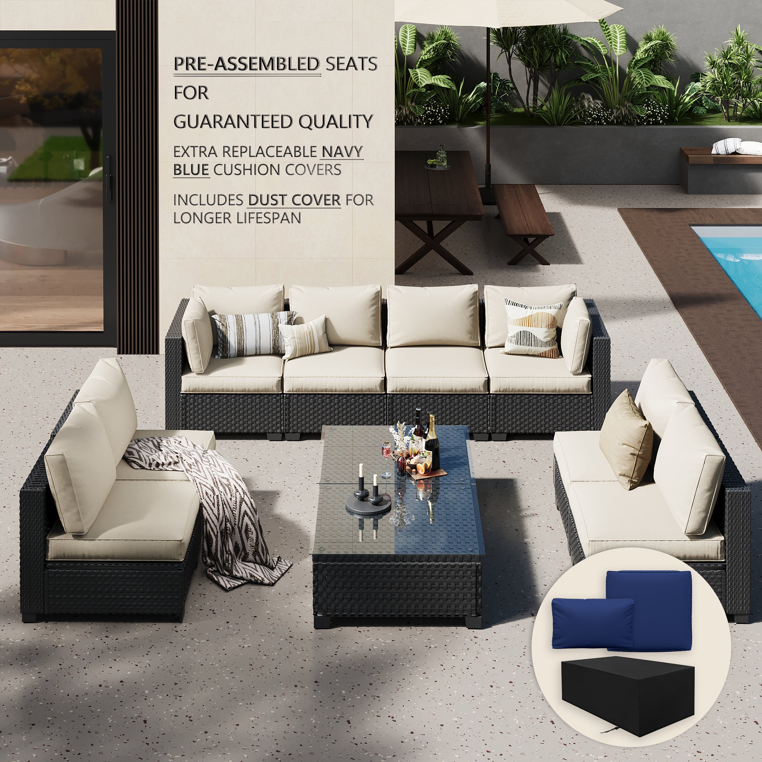 Ark Design 10-Piece Rattan Wicker Outdoor Patio Conversation SofaSeating Set with Coffee Table, Beige Cushions with Sofa Protection Cover Option