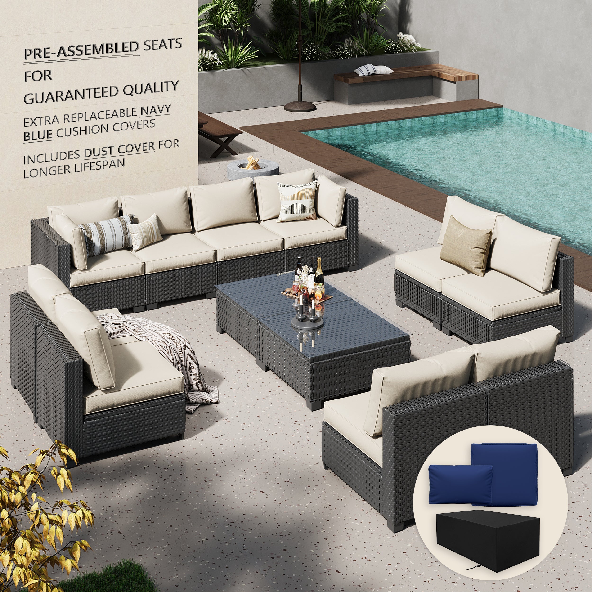 Ark Design 12-Piece Rattan Wicker Outdoor Patio Conversation SofaSeating Set with Coffee Table, Beige Cushions with Sofa Protection Cover Option