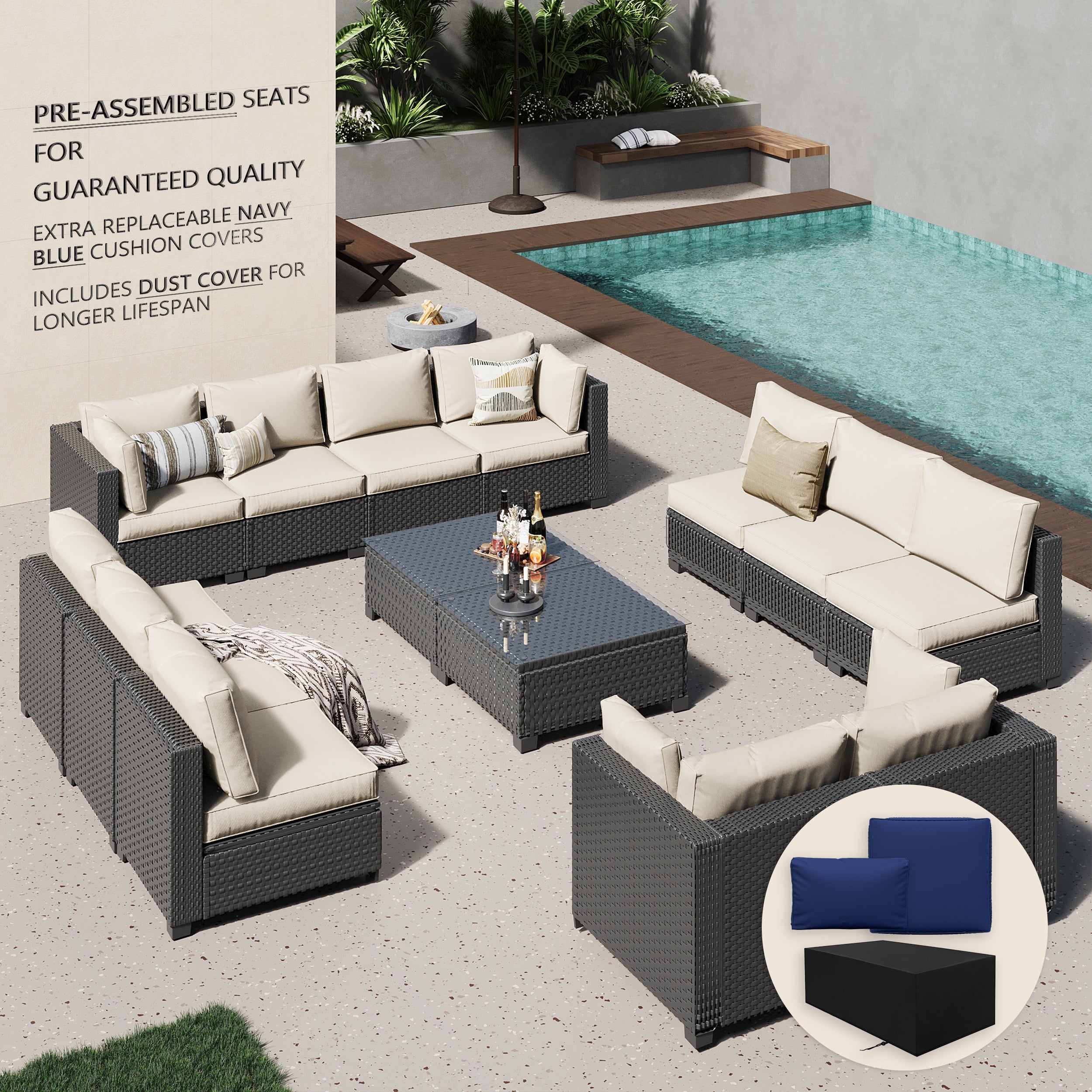 Ark Design 14-Piece Rattan Wicker Outdoor Patio Conversation SofaSeating Set with Coffee Table, Beige Cushions with Sofa Protection Cover Option