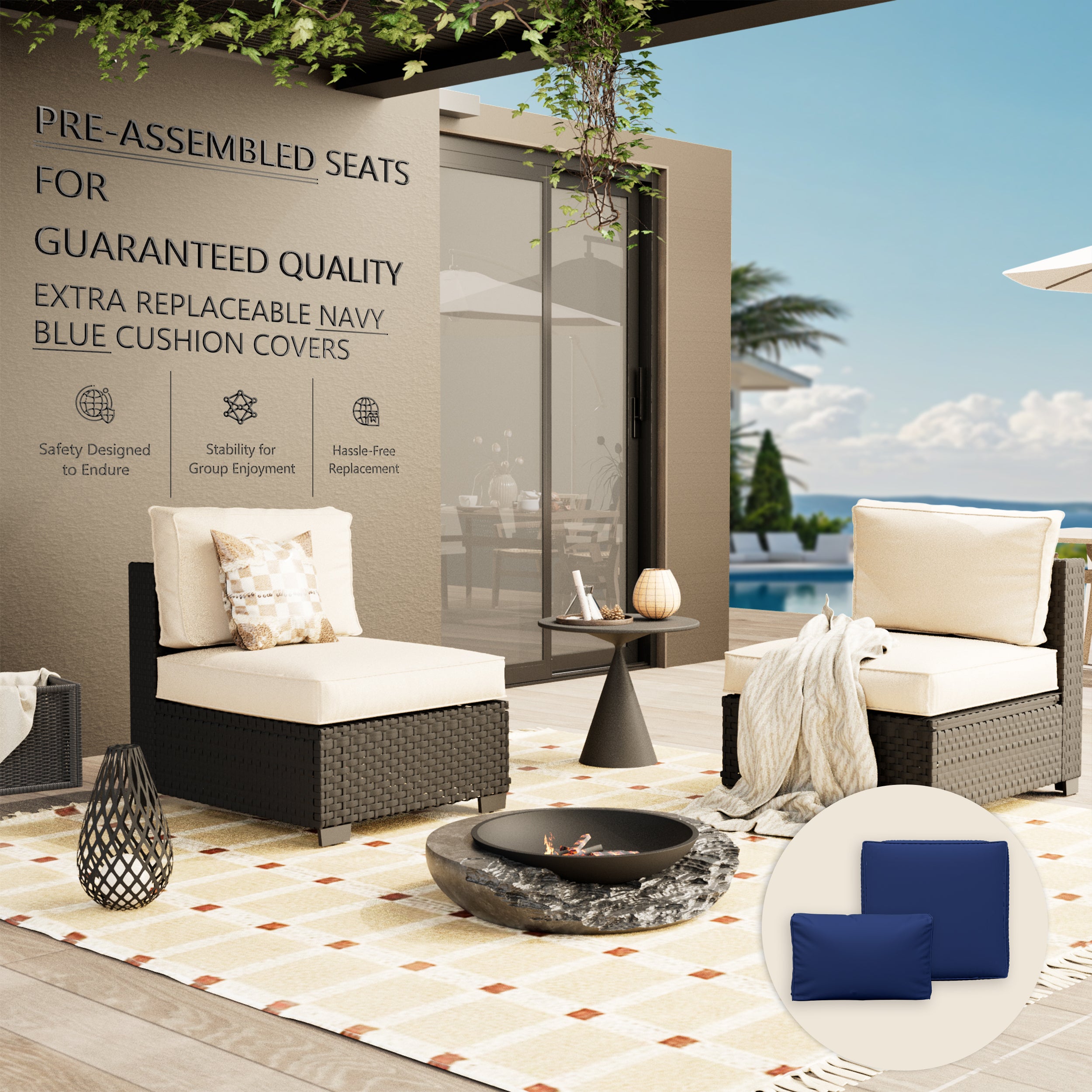 Ark Design 2-Piece Rattan Wicker Outdoor Patio Conversation SofaSeating Set, Beige Cushions with Sofa Protection Cover Option