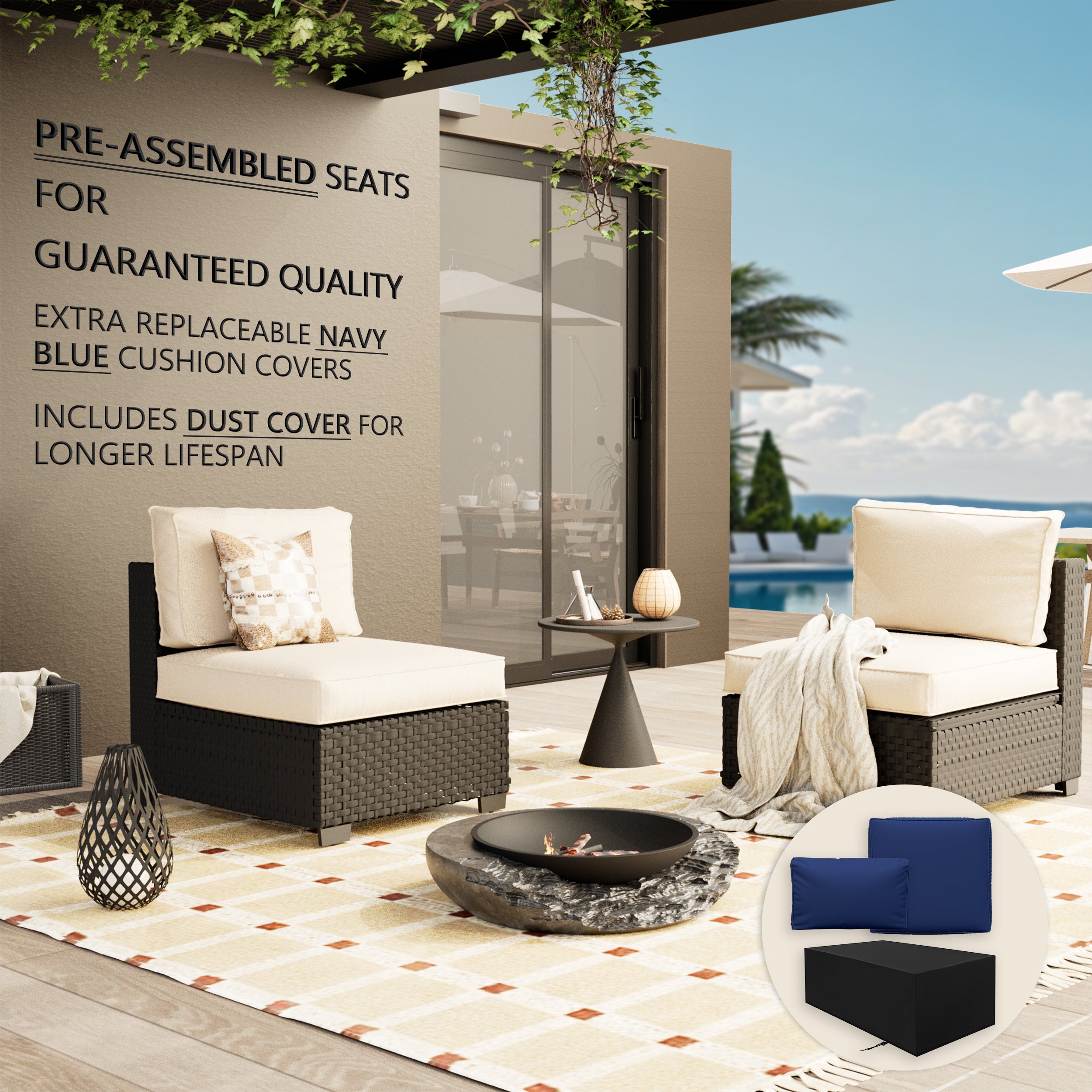 Ark Design 2-Piece Rattan Wicker Outdoor Patio Conversation SofaSeating Set, Beige Cushions with Sofa Protection Cover Option