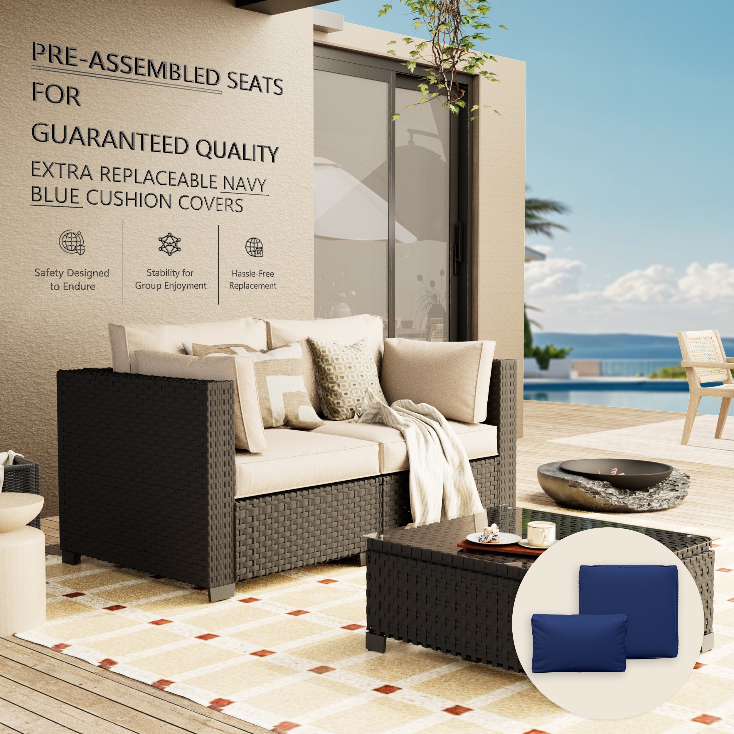 Ark Design 3-Piece Rattan Wicker Outdoor Patio Conversation SofaSeating Set with Coffee Table, Beige Cushions with Sofa Protection Cover Option