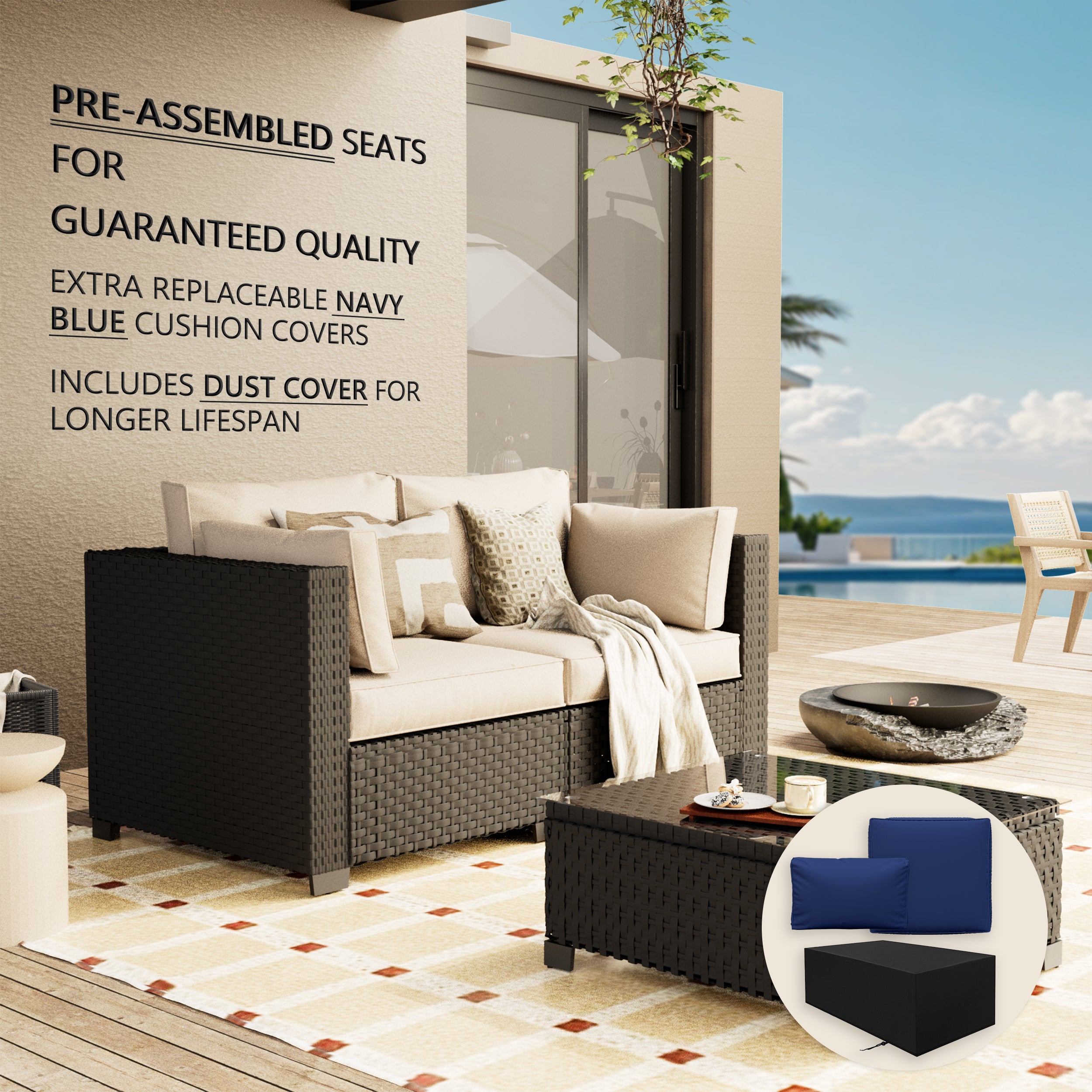 Ark Design 3-Piece Rattan Wicker Outdoor Patio Conversation SofaSeating Set with Coffee Table, Beige Cushions with Sofa Protection Cover Option