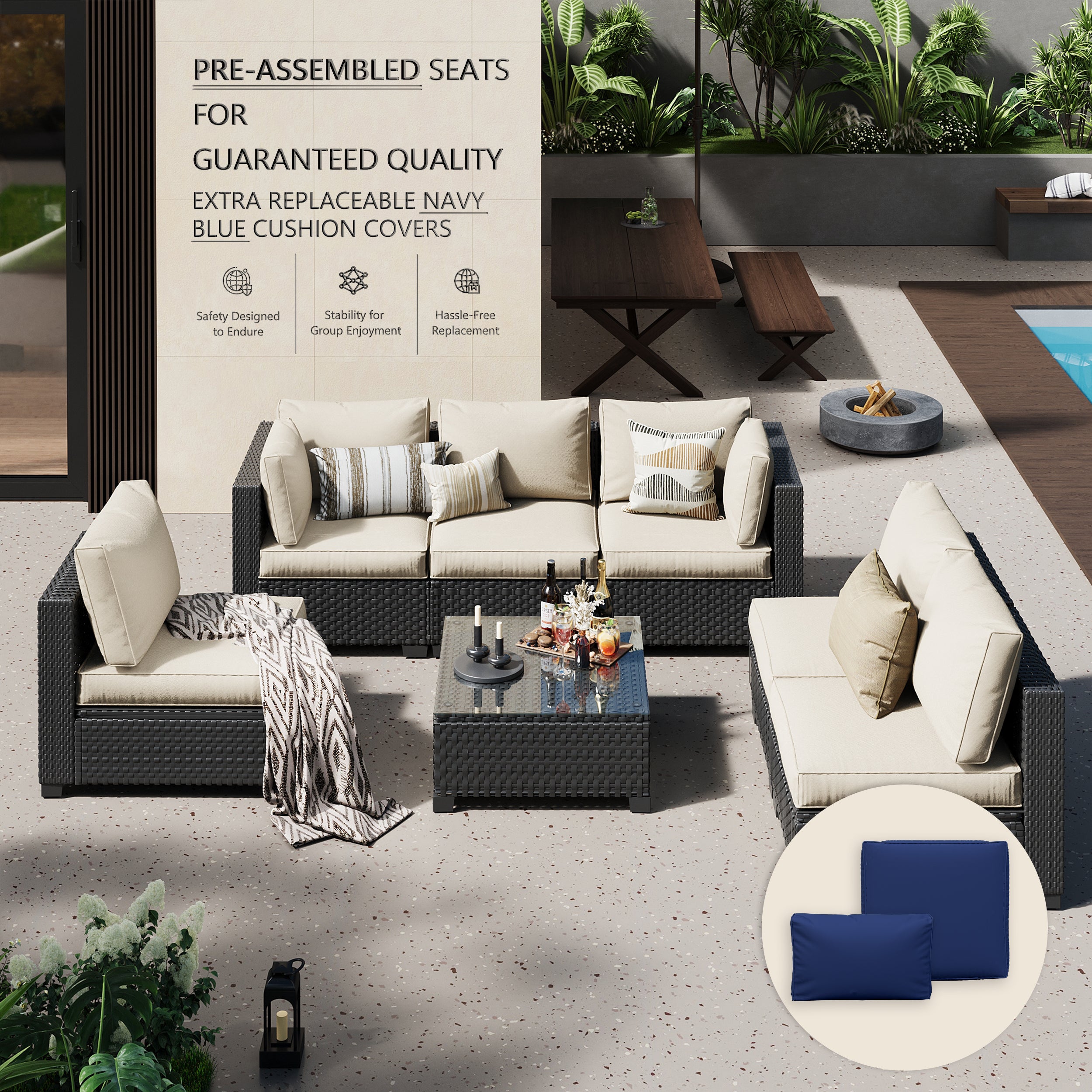 Ark Design 7-Piece Rattan Wicker Outdoor Patio Conversation SofaSeating Set with Coffee Table, Beige Cushions with Sofa Protection Cover Option