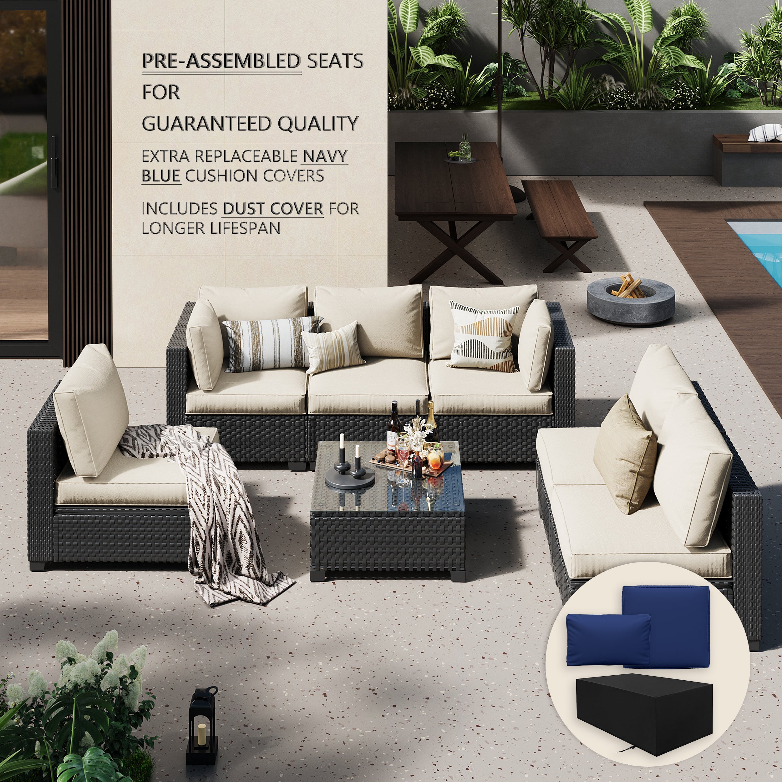 Ark Design 7-Piece Rattan Wicker Outdoor Patio Conversation SofaSeating Set with Coffee Table, Beige Cushions with Sofa Protection Cover Option