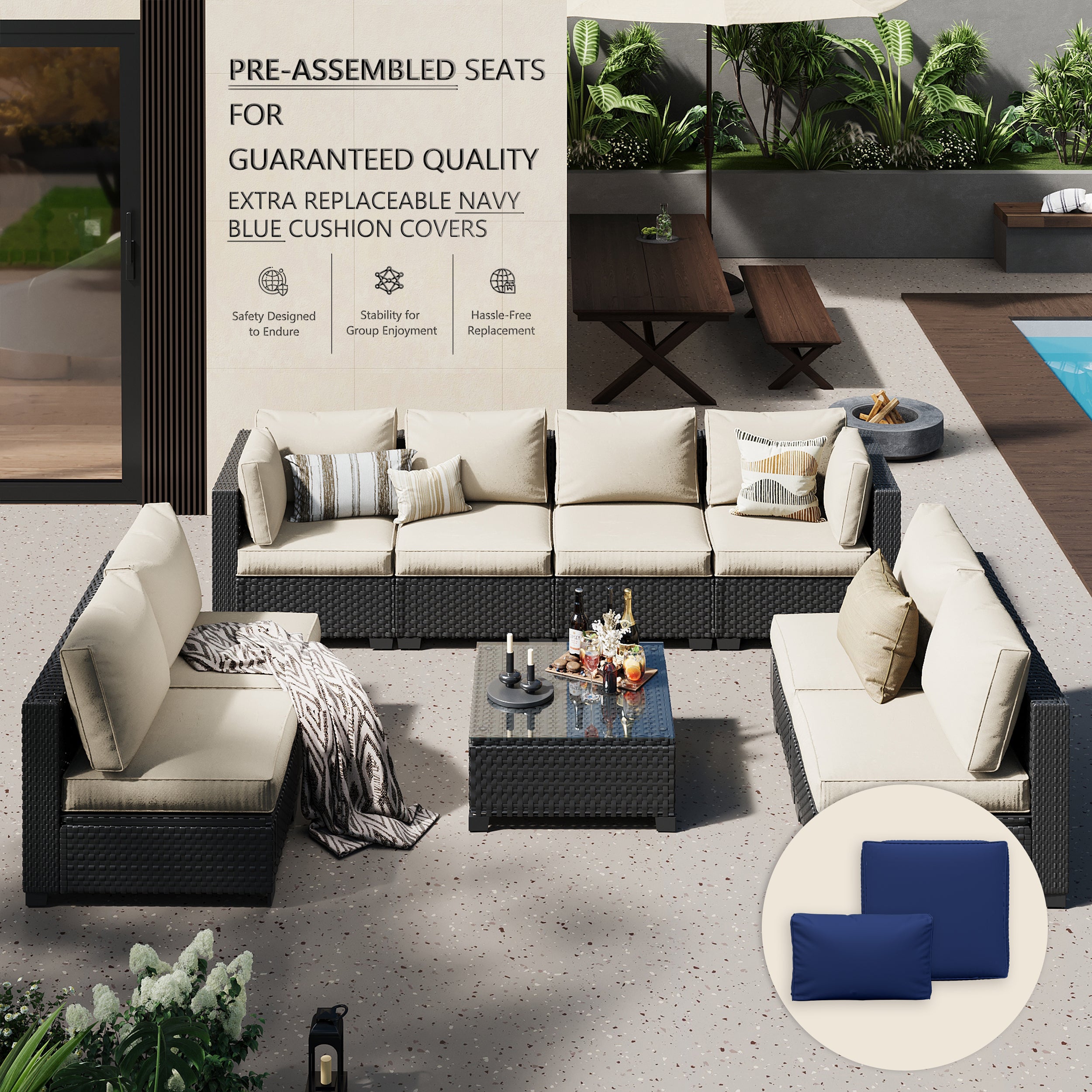 Ark Design 9-Piece Rattan Wicker Outdoor Patio Conversation SofaSeating Set with Coffee Table, Beige Cushions with Sofa Protection Cover Option