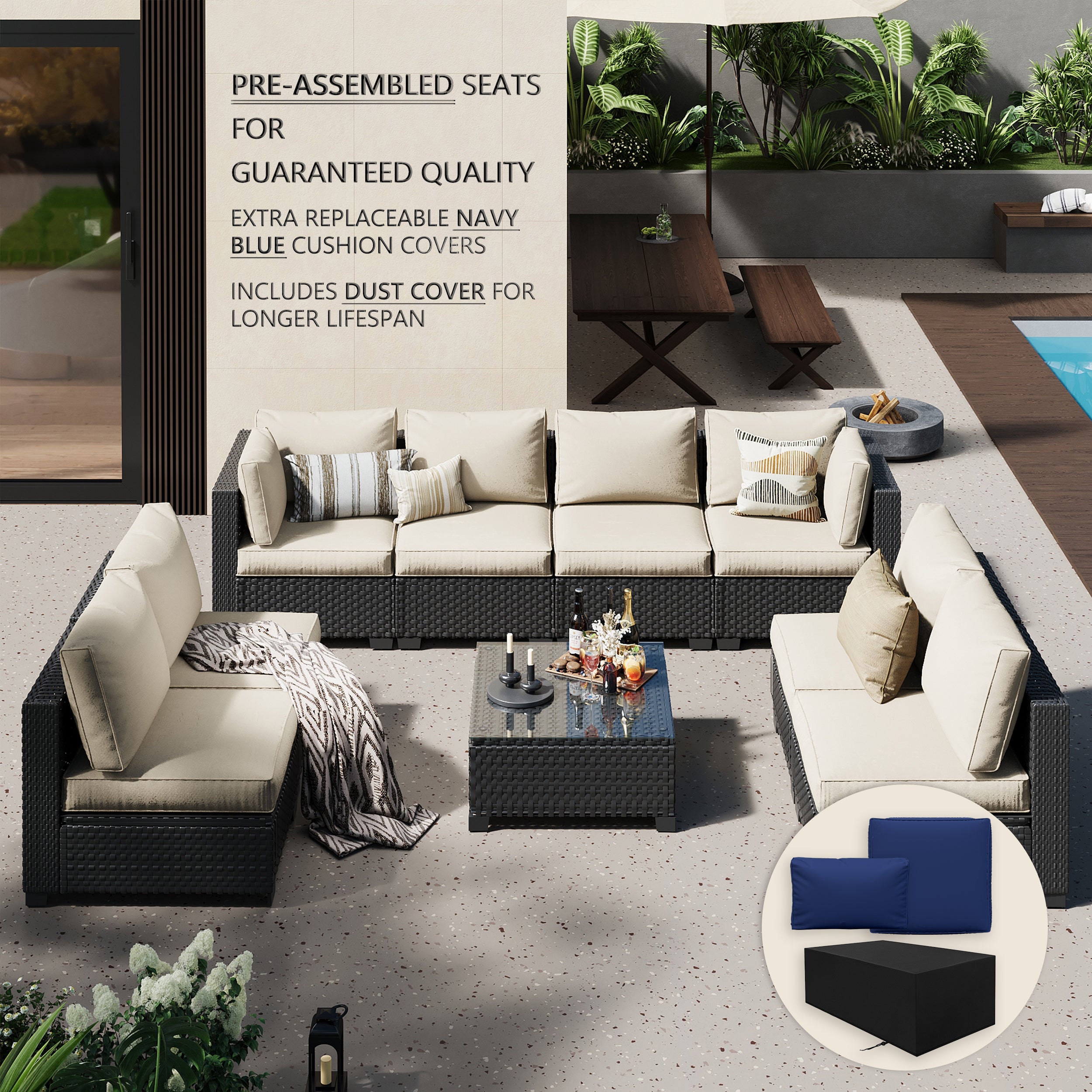 Ark Design 9-Piece Rattan Wicker Outdoor Patio Conversation SofaSeating Set with Coffee Table, Beige Cushions with Sofa Protection Cover Option