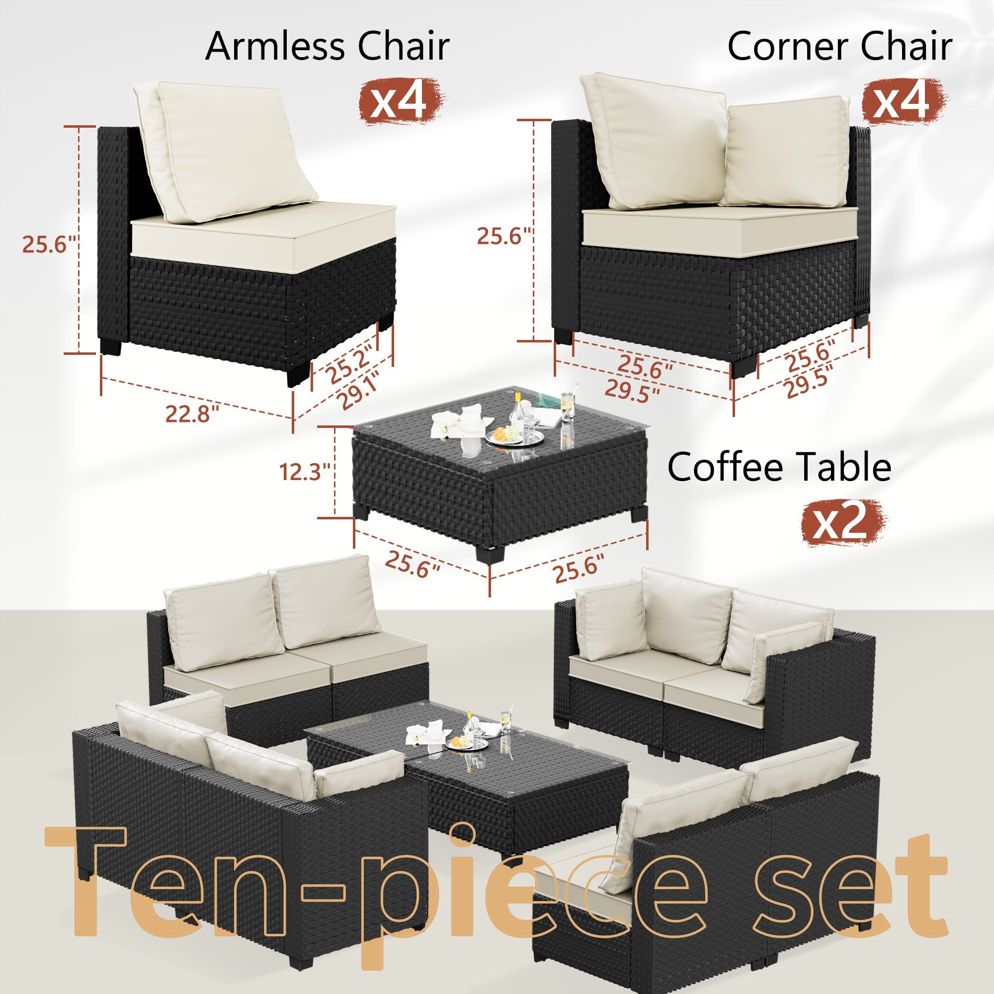 Ark Design 10-Piece Rattan Wicker Outdoor Patio Conversation SofaSeating Set with Coffee Table, Beige Cushions with Sofa Protection Cover Option