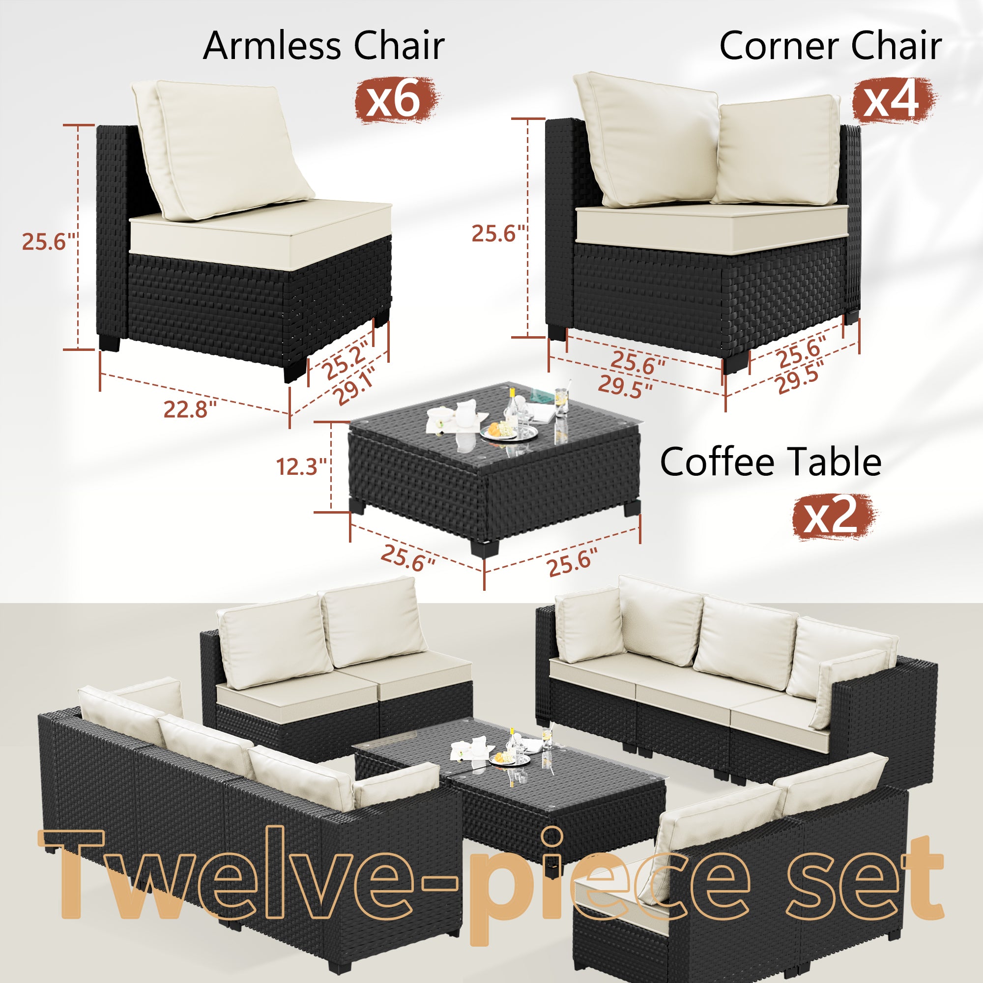 Ark Design 12-Piece Rattan Wicker Outdoor Patio Conversation SofaSeating Set with Coffee Table, Beige Cushions with Sofa Protection Cover Option