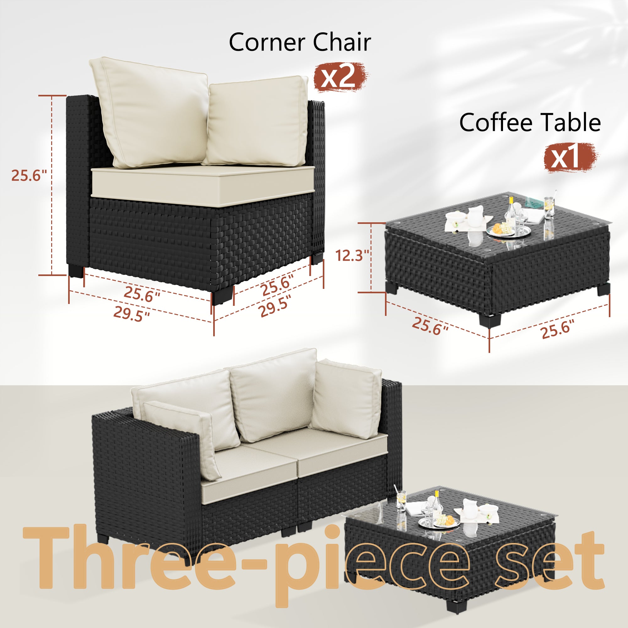 Ark Design 3-Piece Rattan Wicker Outdoor Patio Conversation SofaSeating Set with Coffee Table, Beige Cushions with Sofa Protection Cover Option