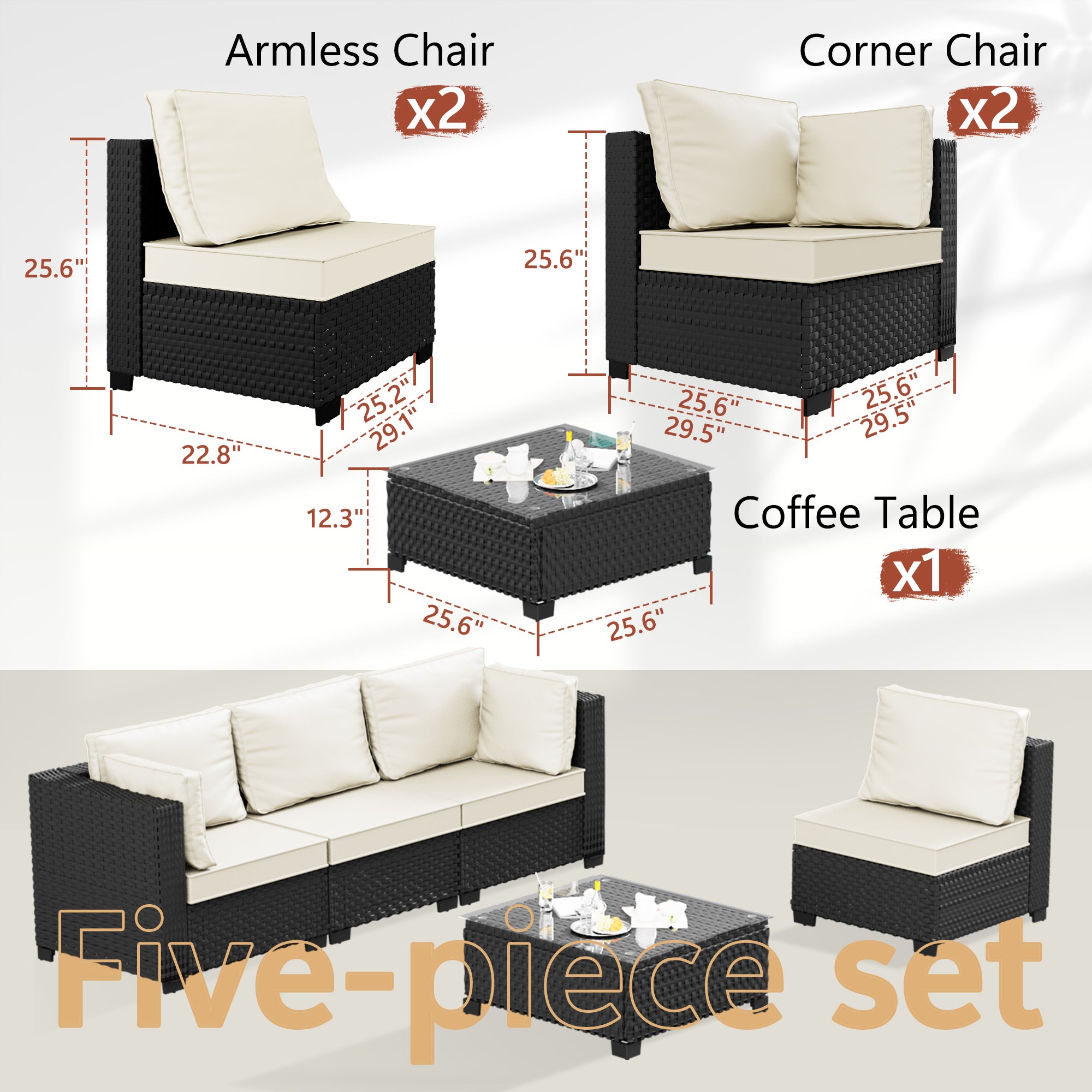 Ark Design 5-Piece Rattan Wicker Outdoor Patio Conversation SofaSeating Set with Coffee Table, Beige Cushions with Sofa Protection Cover Option