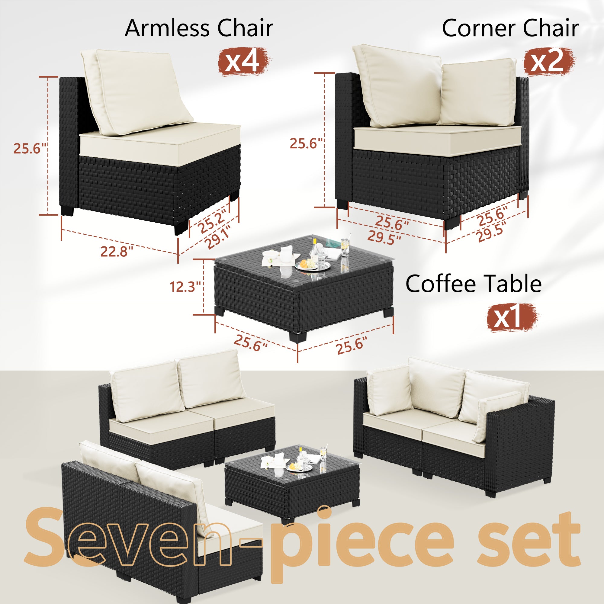 Ark Design 7-Piece Rattan Wicker Outdoor Patio Conversation SofaSeating Set with Coffee Table, Beige Cushions with Sofa Protection Cover Option