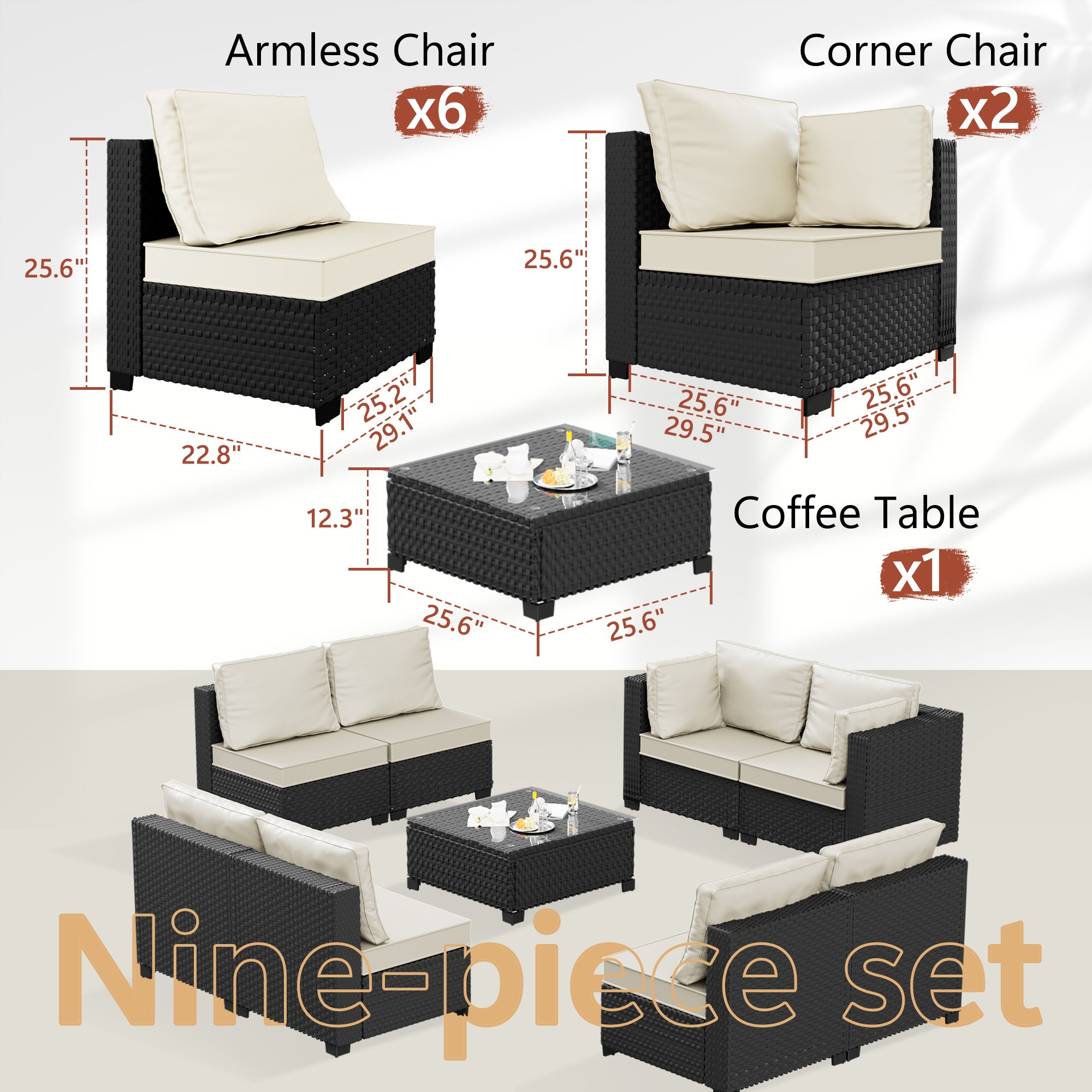 Ark Design 9-Piece Rattan Wicker Outdoor Patio Conversation SofaSeating Set with Coffee Table, Beige Cushions with Sofa Protection Cover Option