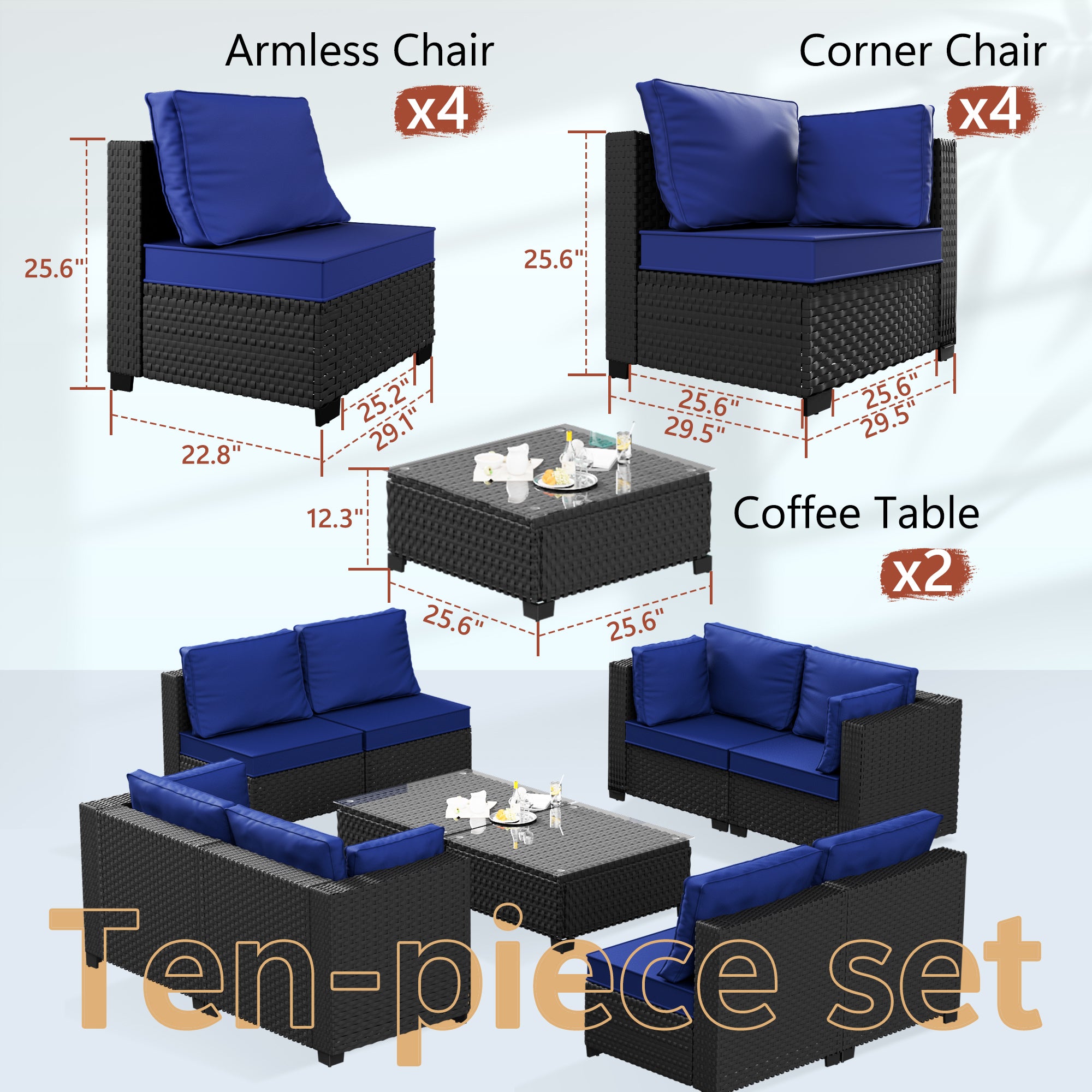Ark Design 10-Piece Black Wicker Outdoor Patio Conversation Sectional Seating Set with Coffee Tables, Navy Blue Cushions with Sofa Protection Cover Option