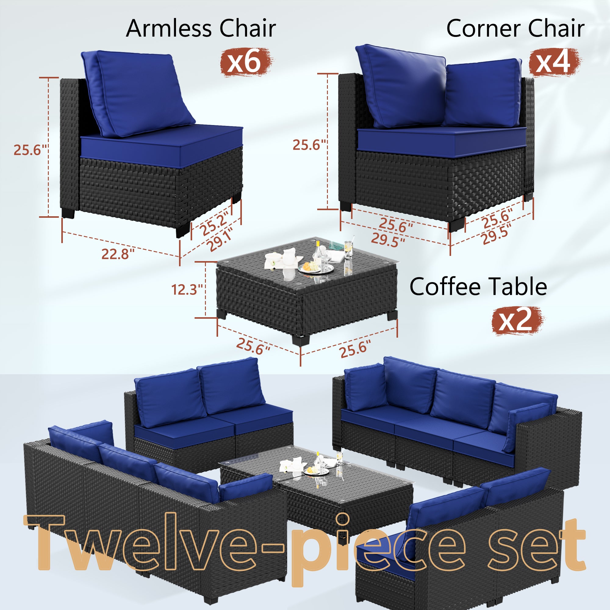 Ark Design 12-Piece Black Wicker Outdoor Patio Conversation Sectional Seating Set with Coffee Tables, Navy Blue Cushions with Sofa Protection Cover Option