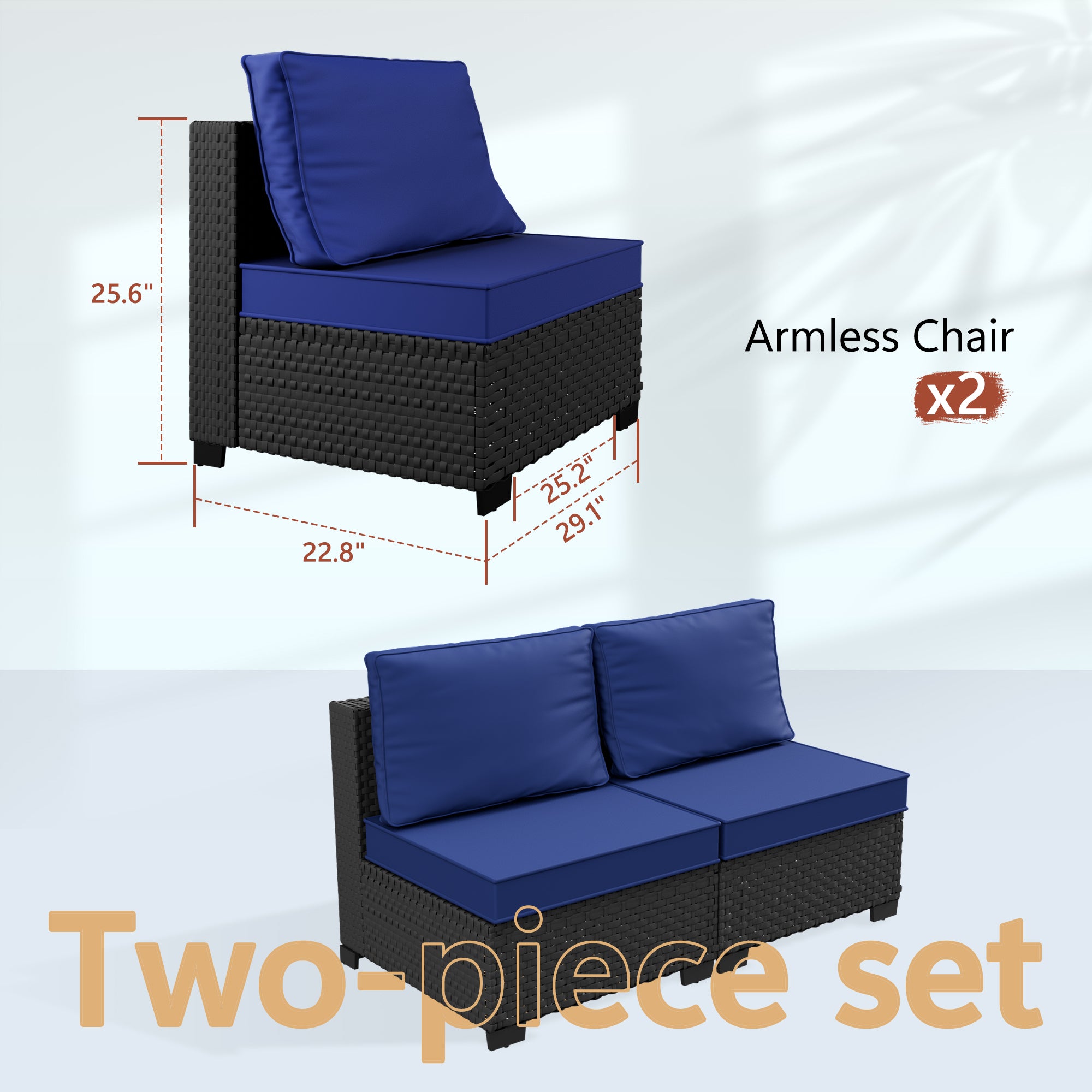 Ark Design 2-Piece Black Wicker Outdoor Patio Conversation Sectional Seating Set, Navy Blue Cushions with Sofa Protection Cover Option