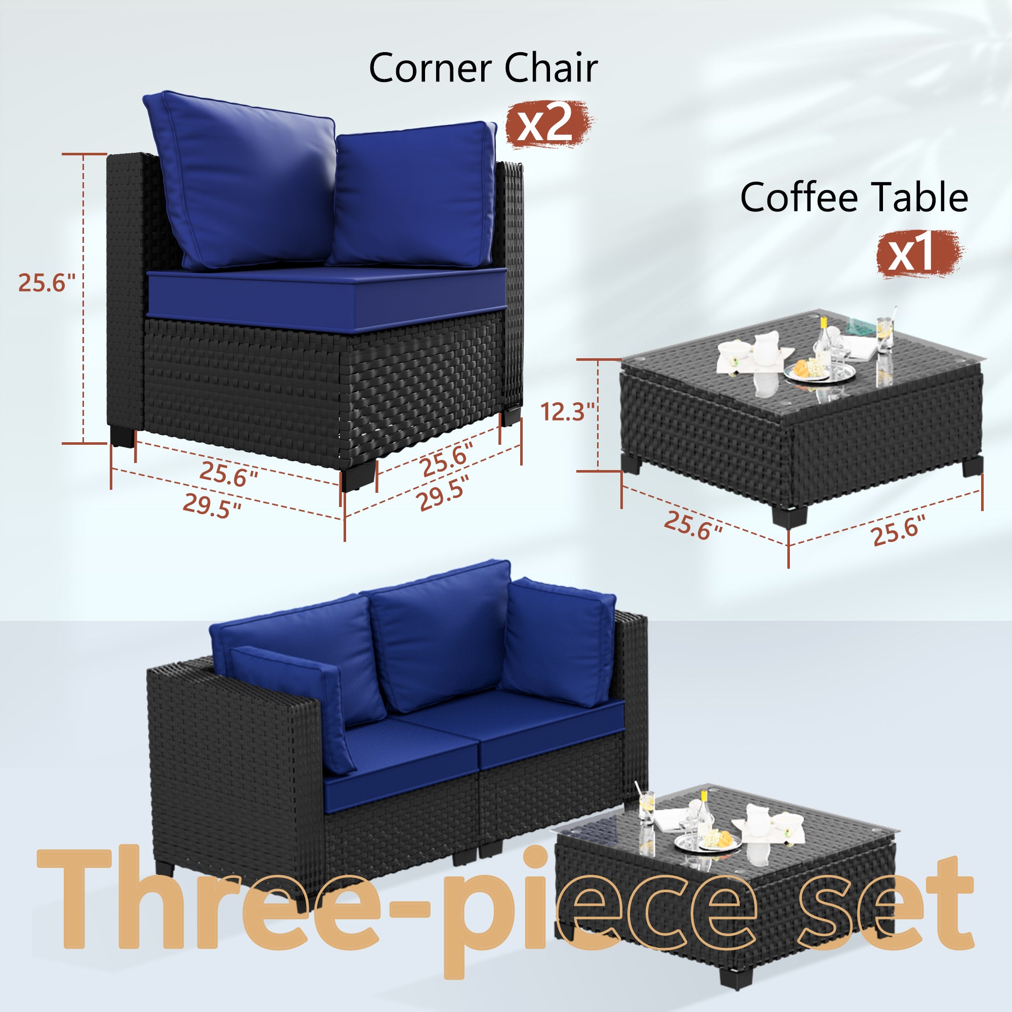 Ark Design 3-Piece Black Wicker Outdoor Patio Conversation Sectional Seating Set with Coffee Tables, Navy Blue Cushions with Sofa Protection Cover Option