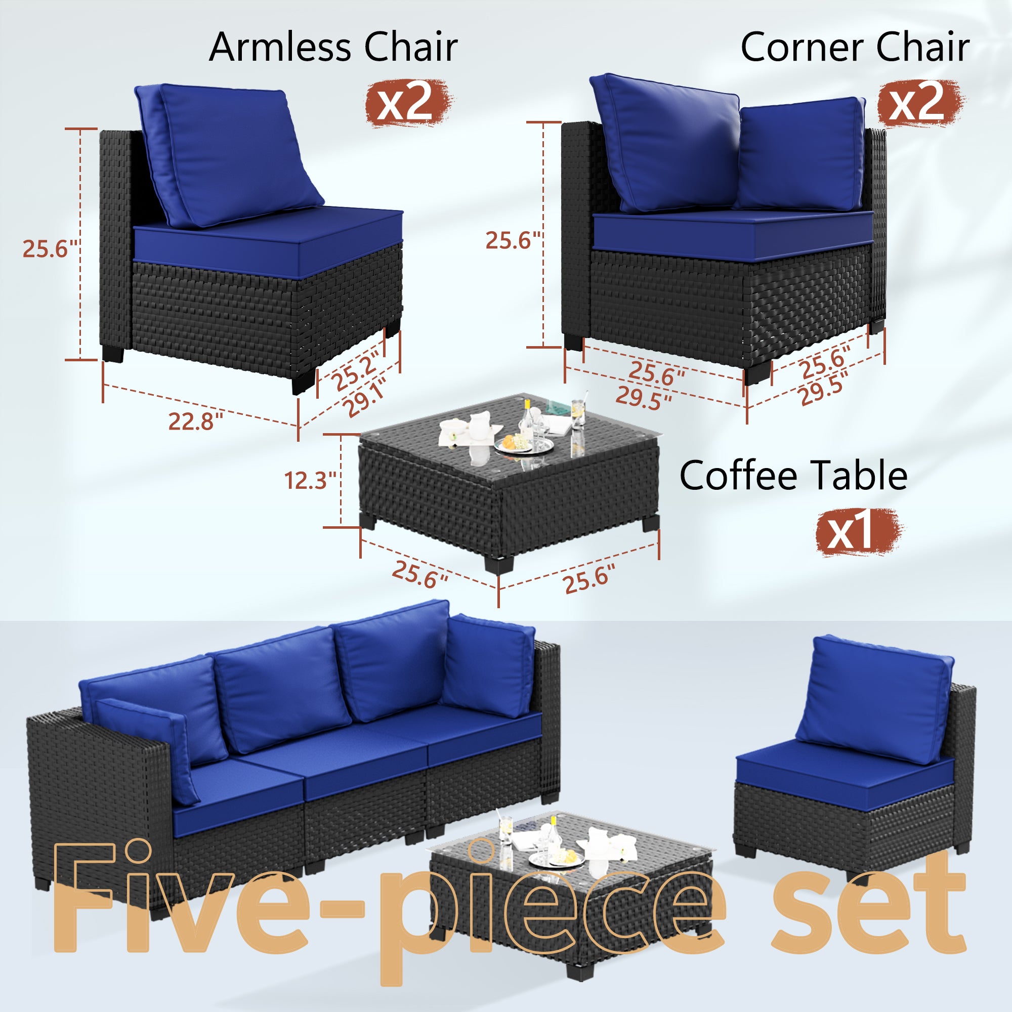 Ark Design 5-Piece Black Wicker Outdoor Patio Conversation Sectional Seating Set with Coffee Tables, Navy Blue Cushions with Sofa Protection Cover Option