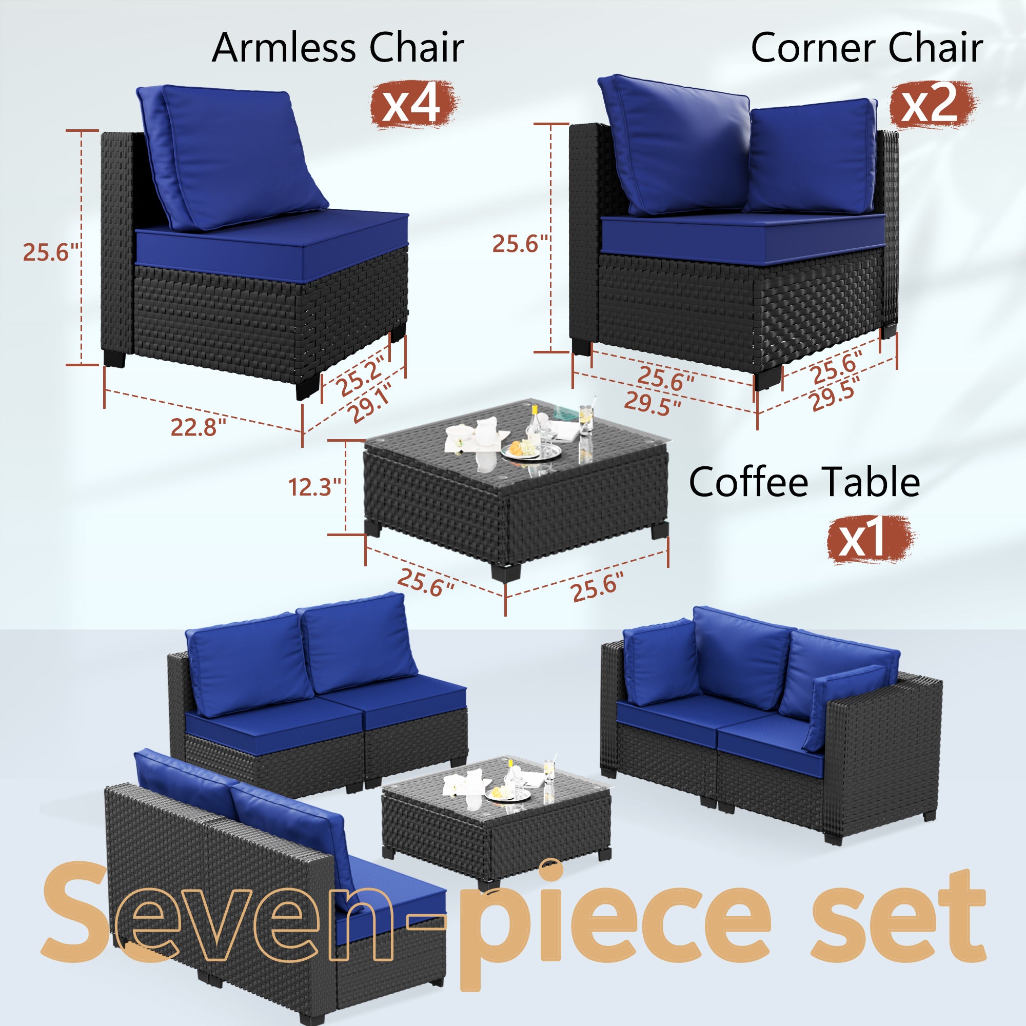 Ark Design 7-Piece Black Wicker Outdoor Patio Conversation Sectional Seating Set with Coffee Tables, Navy Blue Cushions with Sofa Protection Cover Option