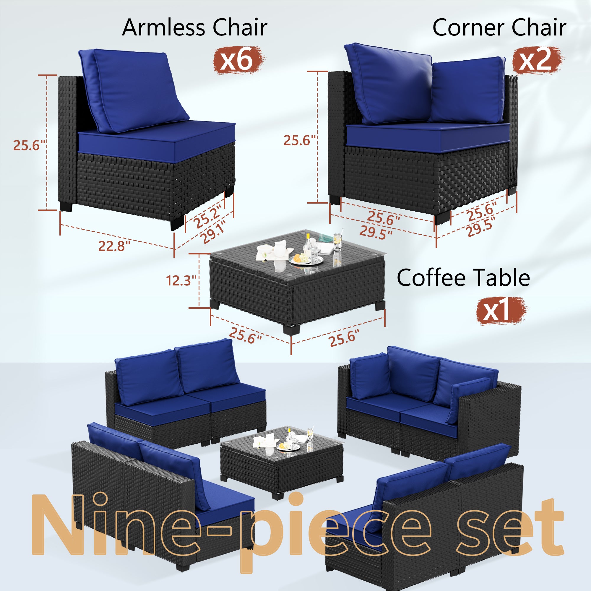 Ark Design 9-Piece Black Wicker Outdoor Patio Conversation Sectional Seating Set with Coffee Tables, Navy Blue Cushions with Sofa Protection Cover Option