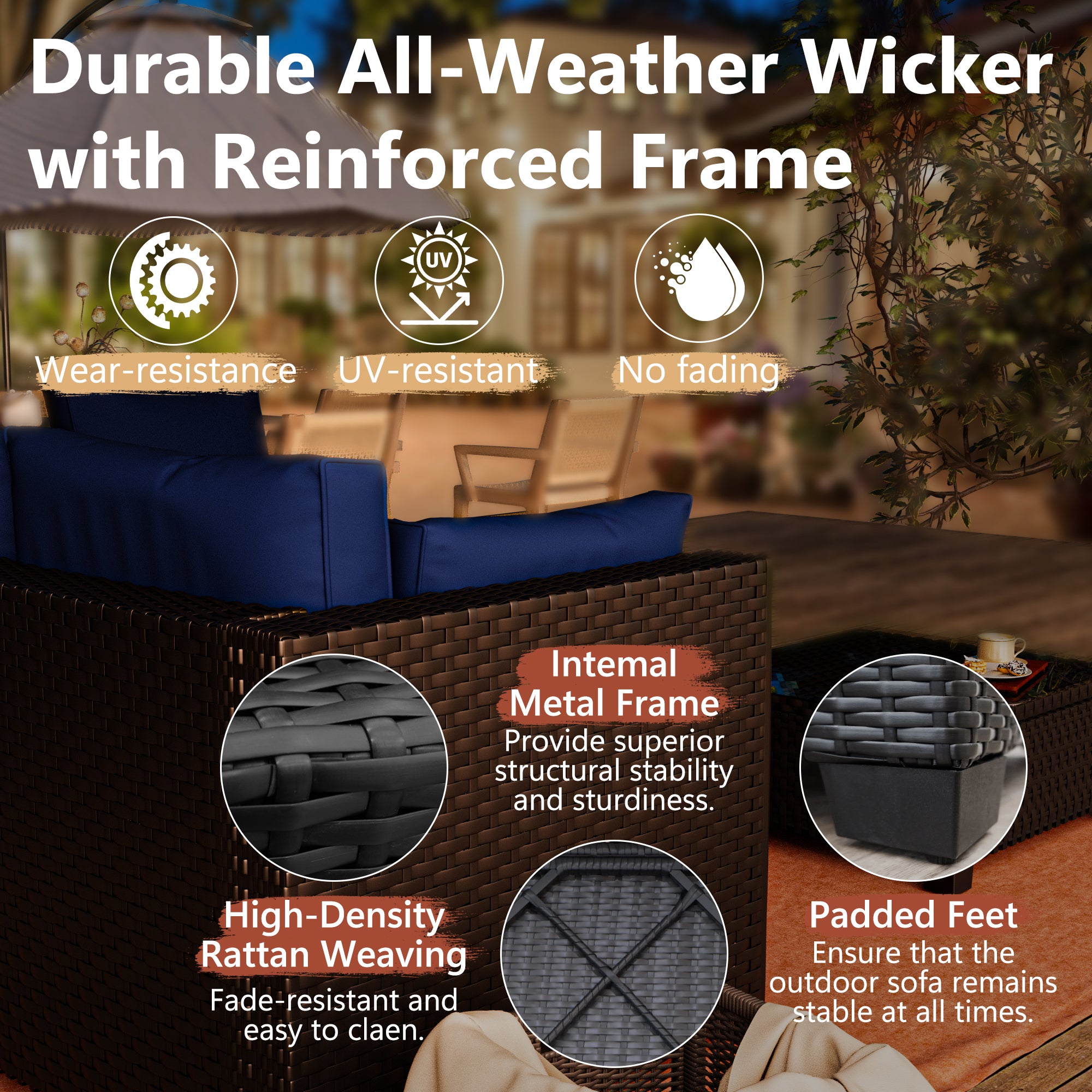 Ark Design 12-Piece Black Wicker Outdoor Patio Conversation Sectional Seating Set with Coffee Tables, Navy Blue Cushions with Sofa Protection Cover Option