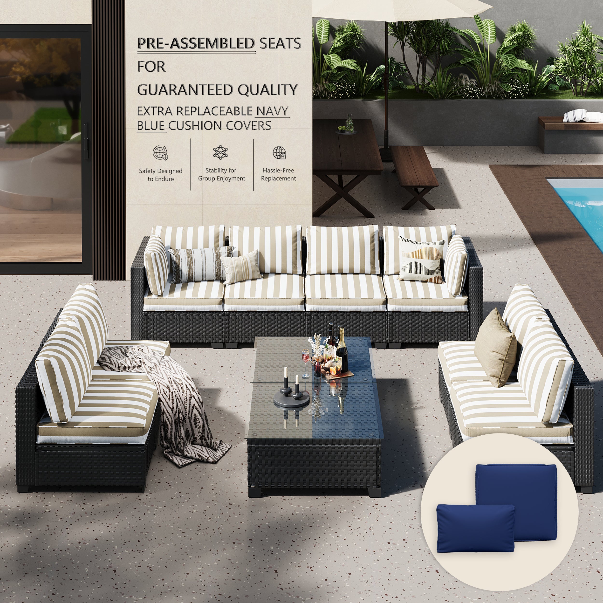 Ark Design 10-Piece Rattan Wicker Outdoor Patio Conversation SofaSeating Set with Coffee Table, Stripe Brown Cushions with Sofa Protection Cover Option