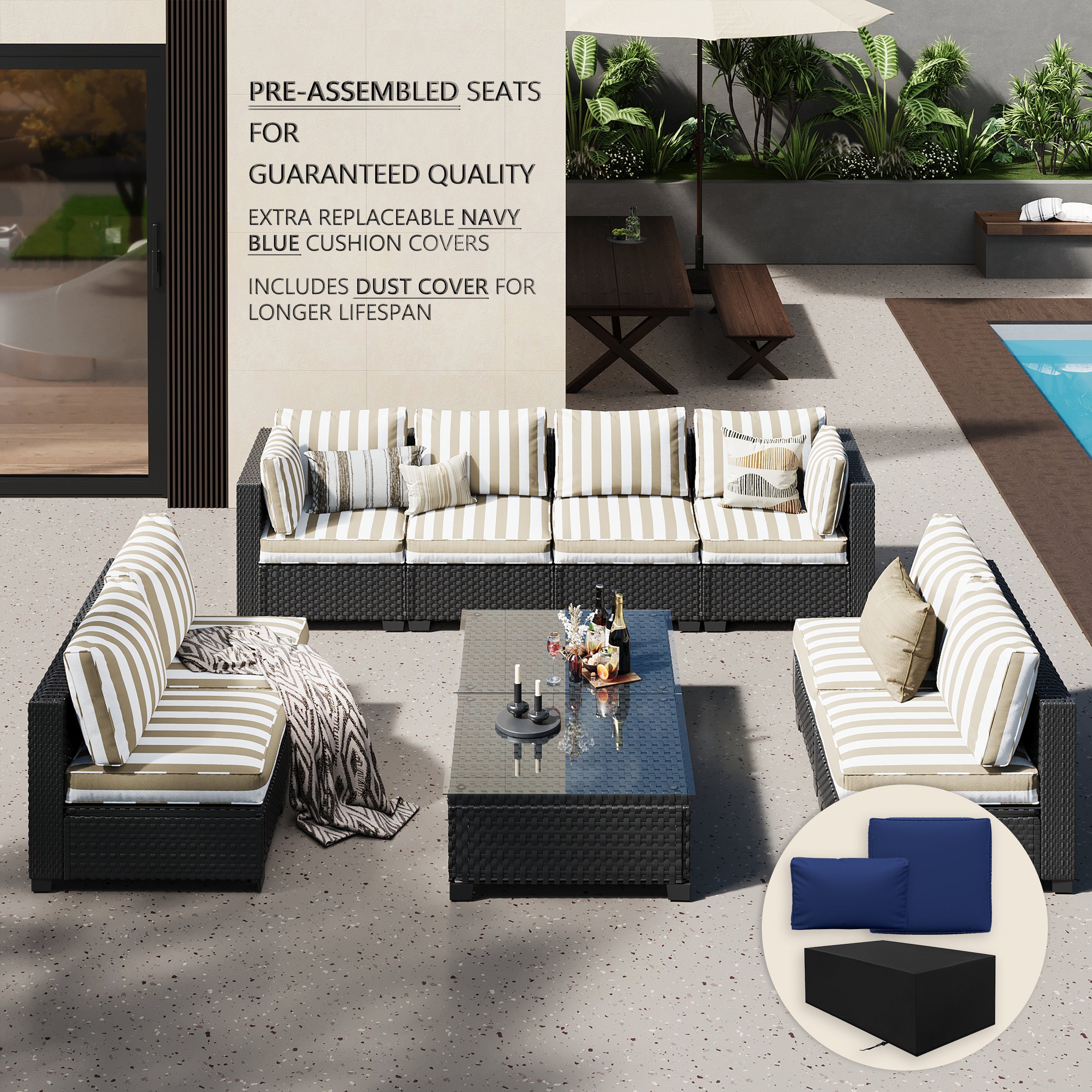 Ark Design 10-Piece Rattan Wicker Outdoor Patio Conversation SofaSeating Set with Coffee Table, Stripe Brown Cushions with Sofa Protection Cover Option