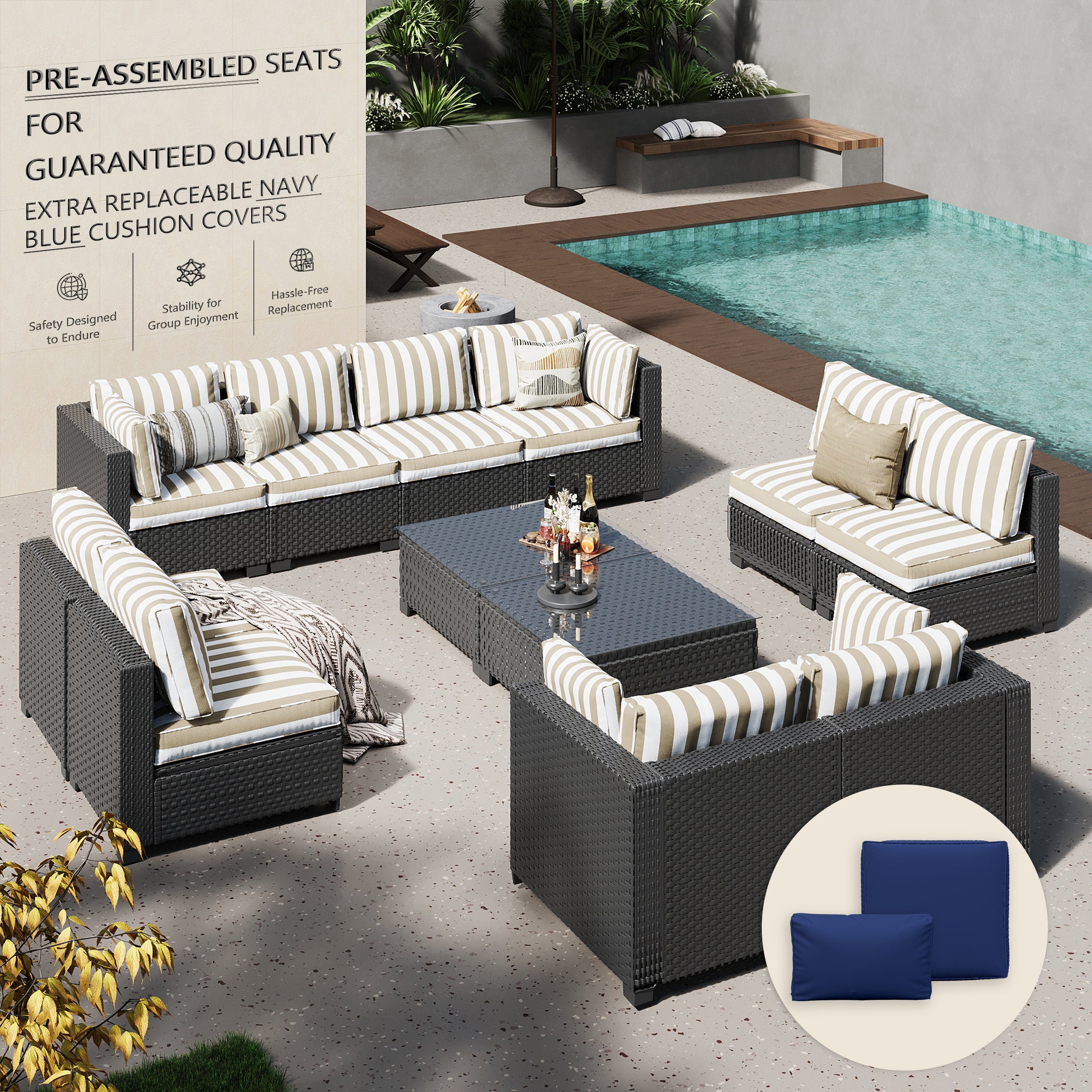 Ark Design 12-Piece Rattan Wicker Outdoor Patio Conversation SofaSeating Set with Coffee Table, Stripe Brown Cushions with Sofa Protection Cover Option