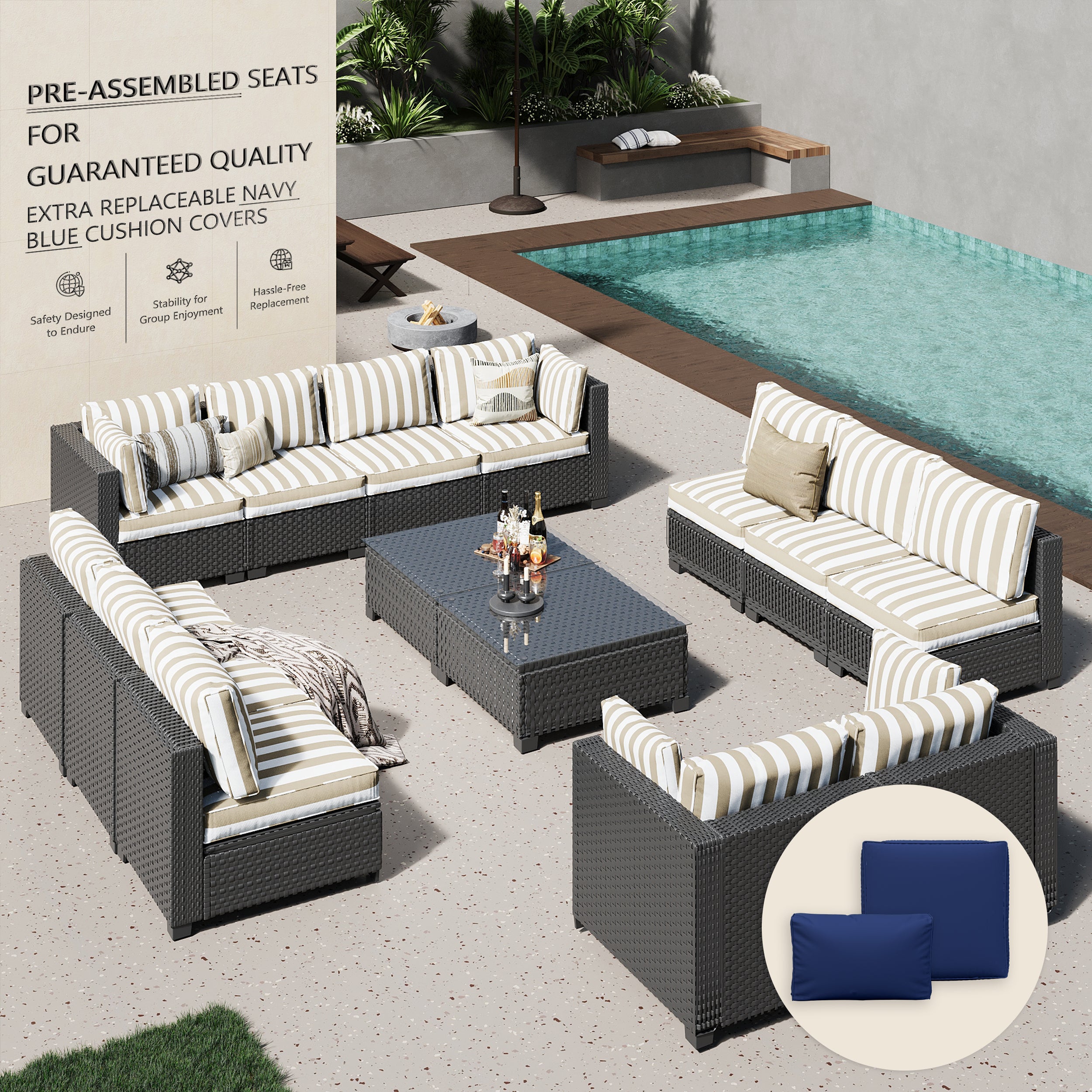 Ark Design 14-Piece Rattan Wicker Outdoor Patio Conversation SofaSeating Set with Coffee Table, Stripe Brown Cushions with Sofa Protection Cover Option