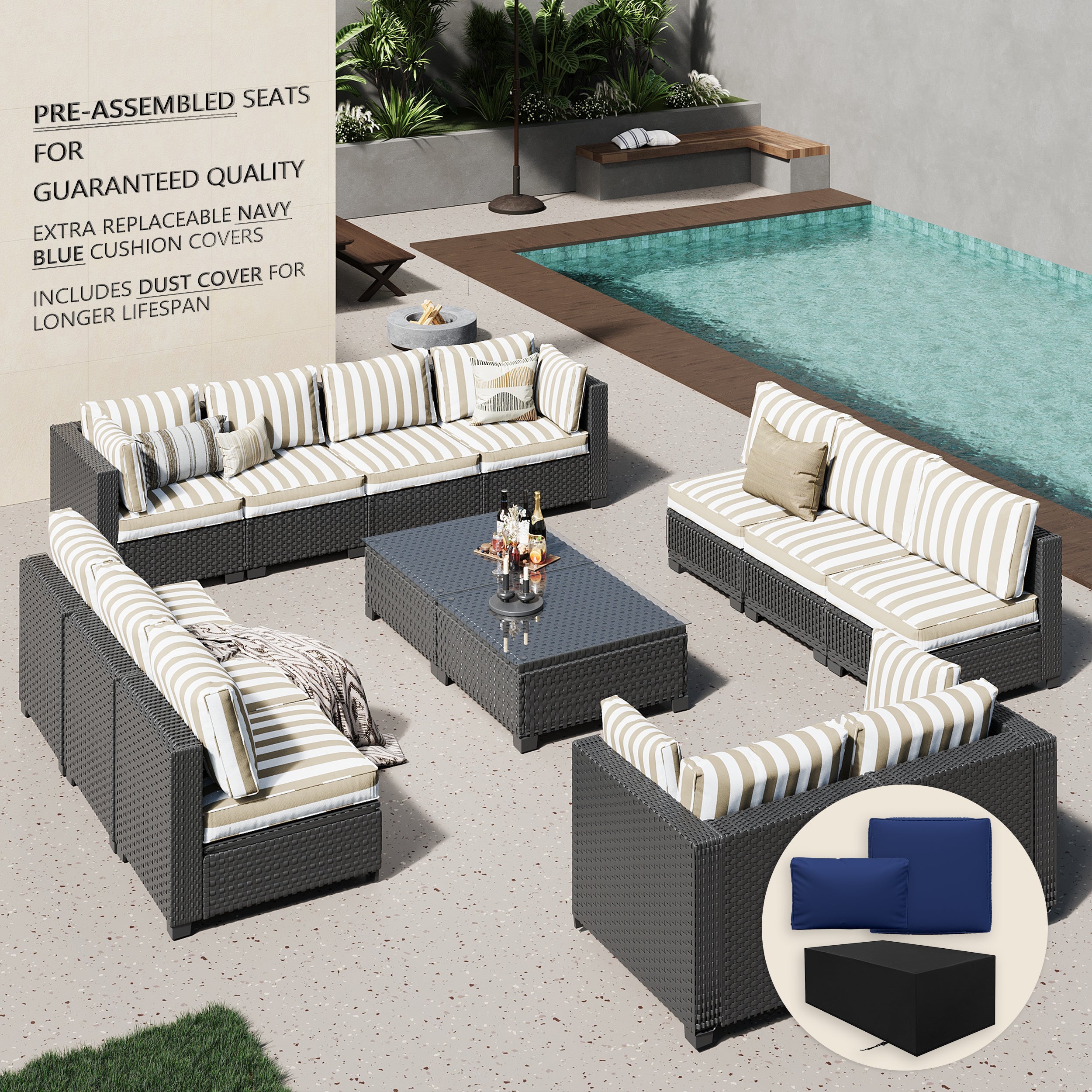 Ark Design 14-Piece Rattan Wicker Outdoor Patio Conversation SofaSeating Set with Coffee Table, Stripe Brown Cushions with Sofa Protection Cover Option