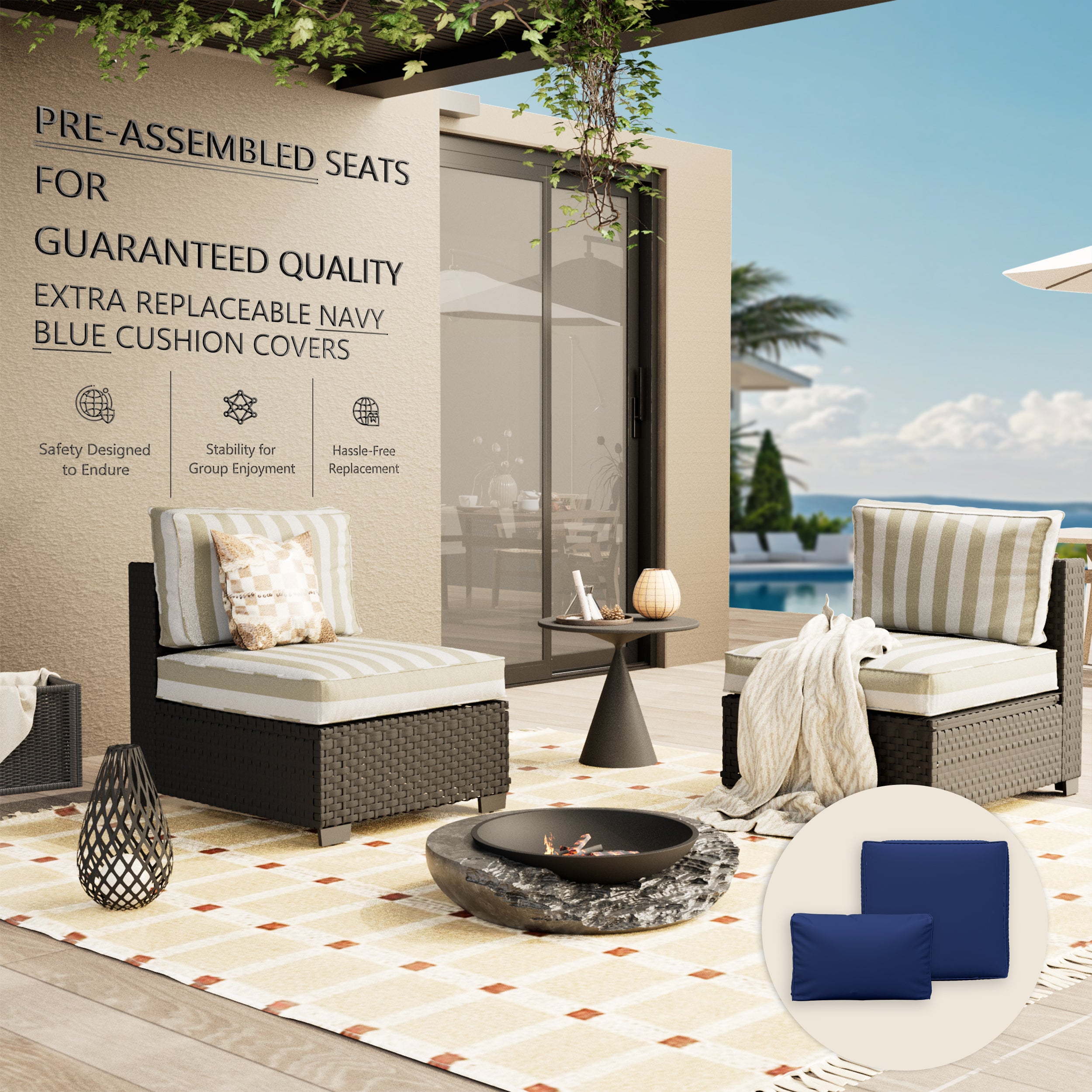 Ark Design 2-Piece Rattan Wicker Outdoor Patio Conversation SofaSeating Set, Stripe Brown Cushions with Sofa Protection Cover Option