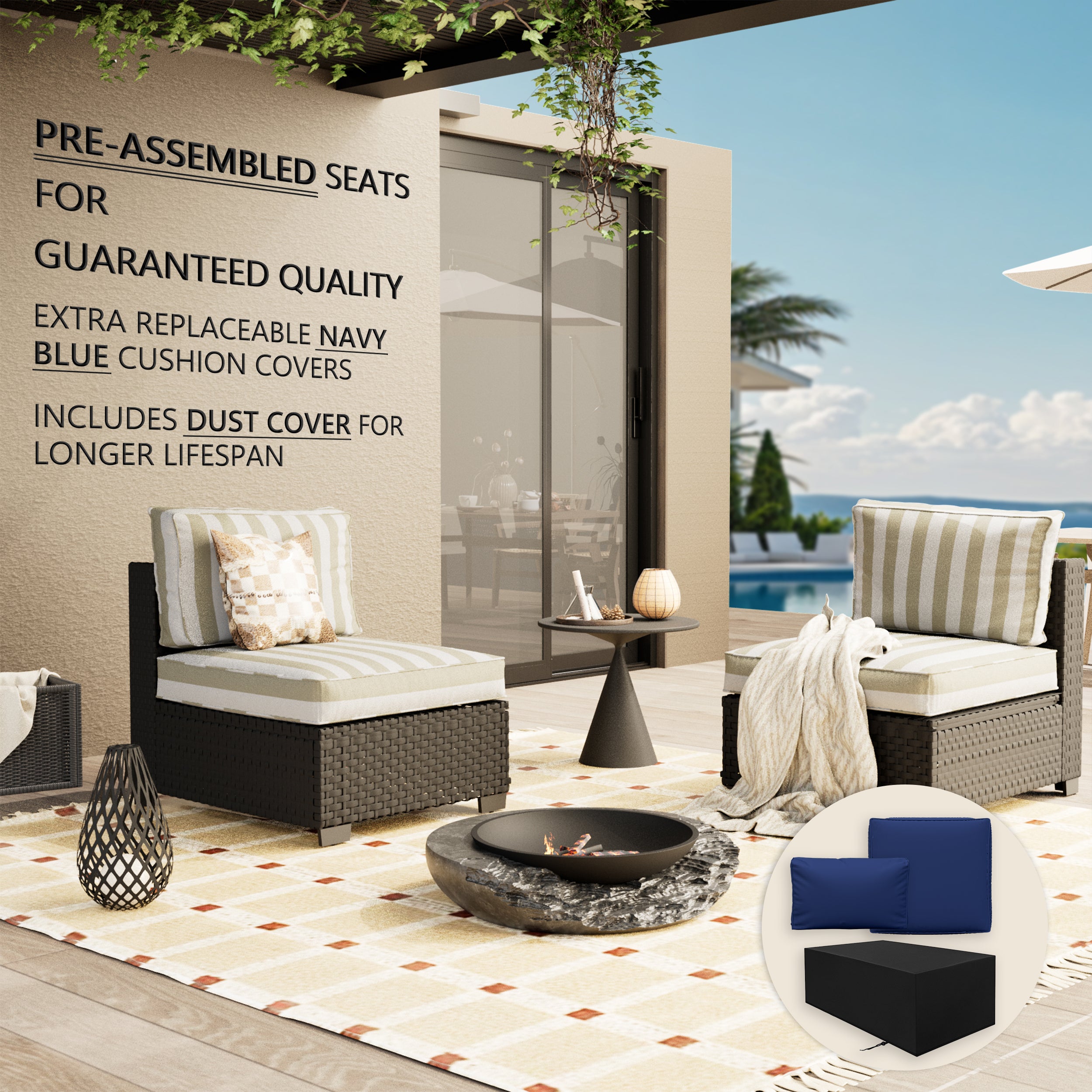 Ark Design 2-Piece Rattan Wicker Outdoor Patio Conversation SofaSeating Set, Stripe Brown Cushions with Sofa Protection Cover Option