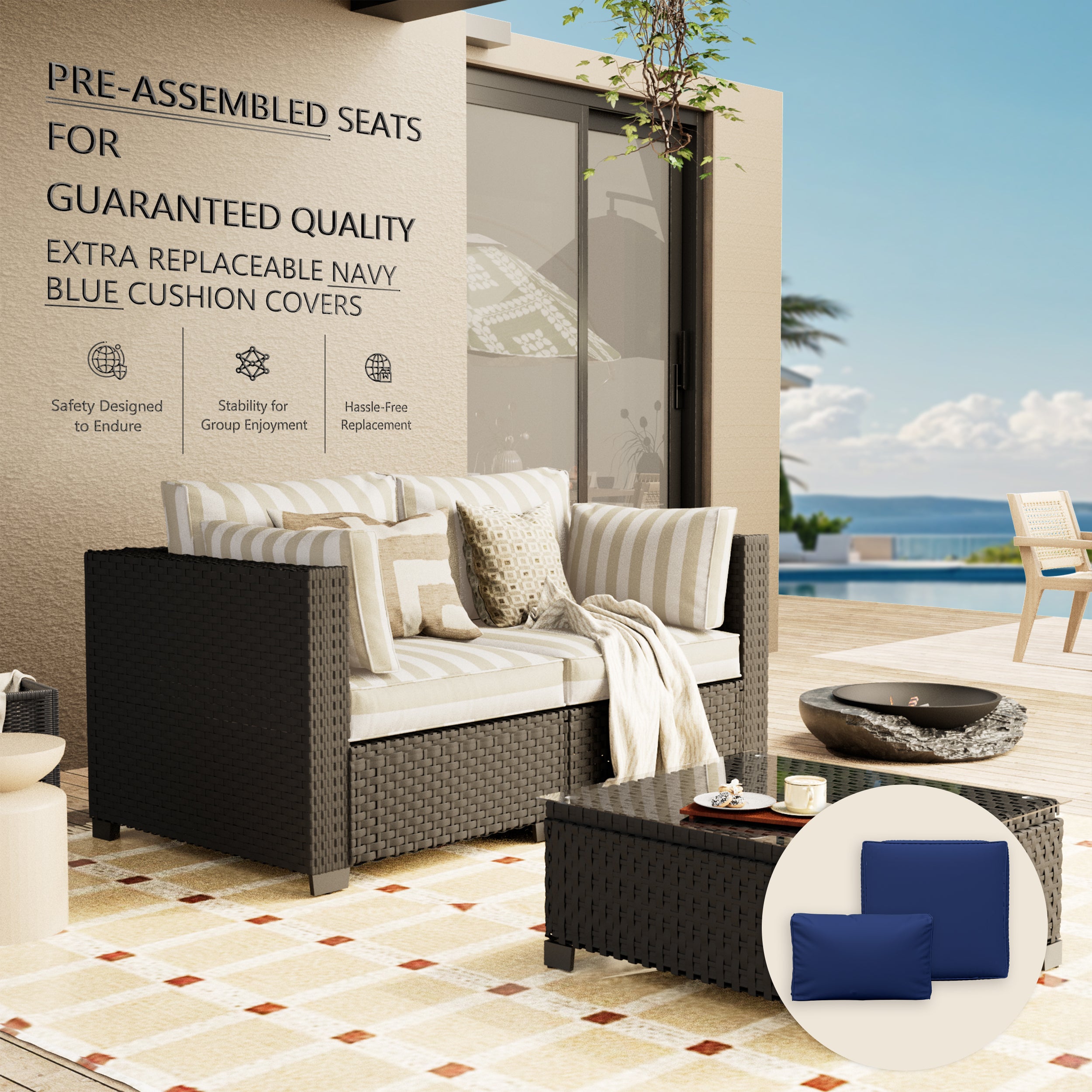 Ark Design 3-Piece Rattan Wicker Outdoor Patio Conversation SofaSeating Set with Coffee Table, Stripe Brown Cushions with Sofa Protection Cover Option