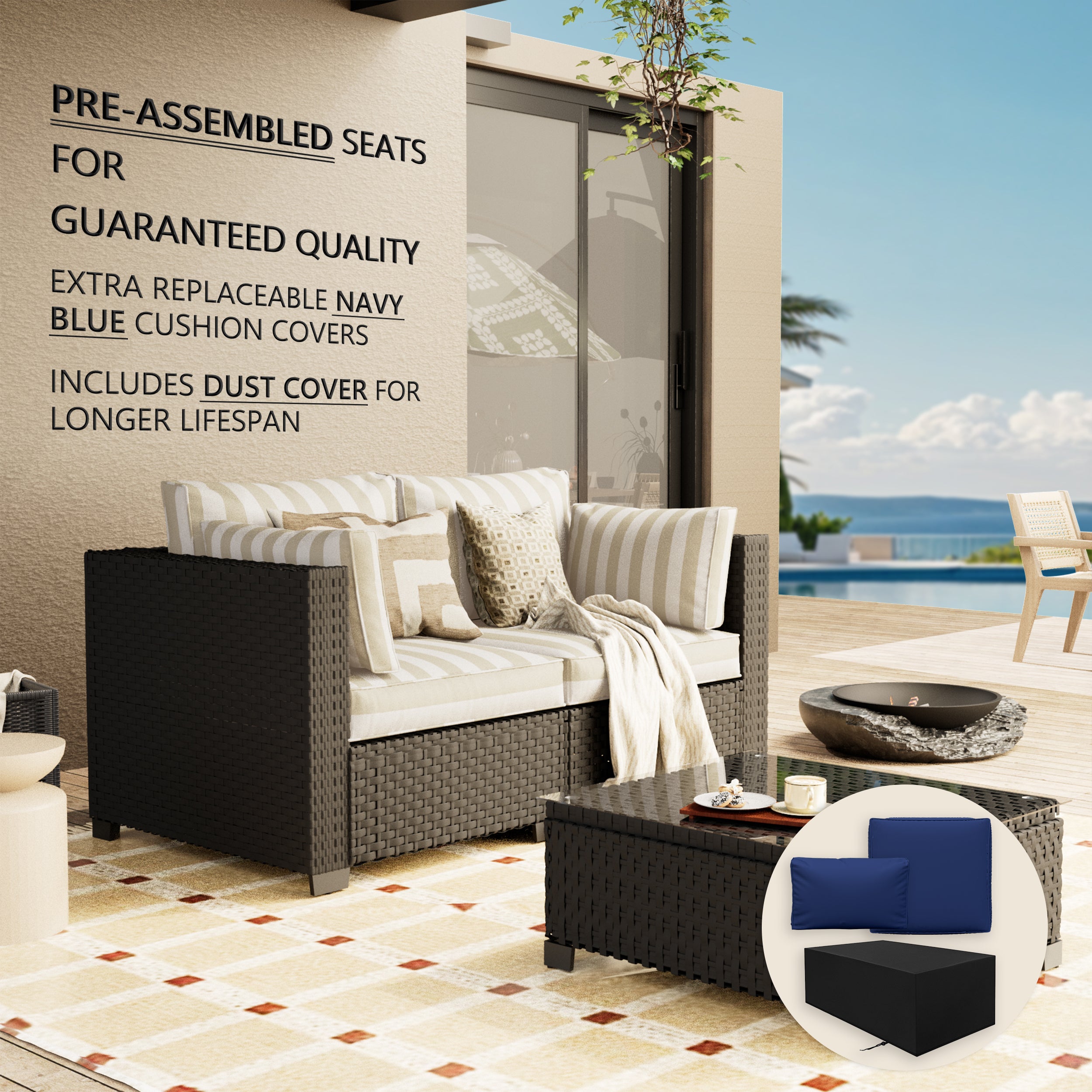 Ark Design 3-Piece Rattan Wicker Outdoor Patio Conversation SofaSeating Set with Coffee Table, Stripe Brown Cushions with Sofa Protection Cover Option