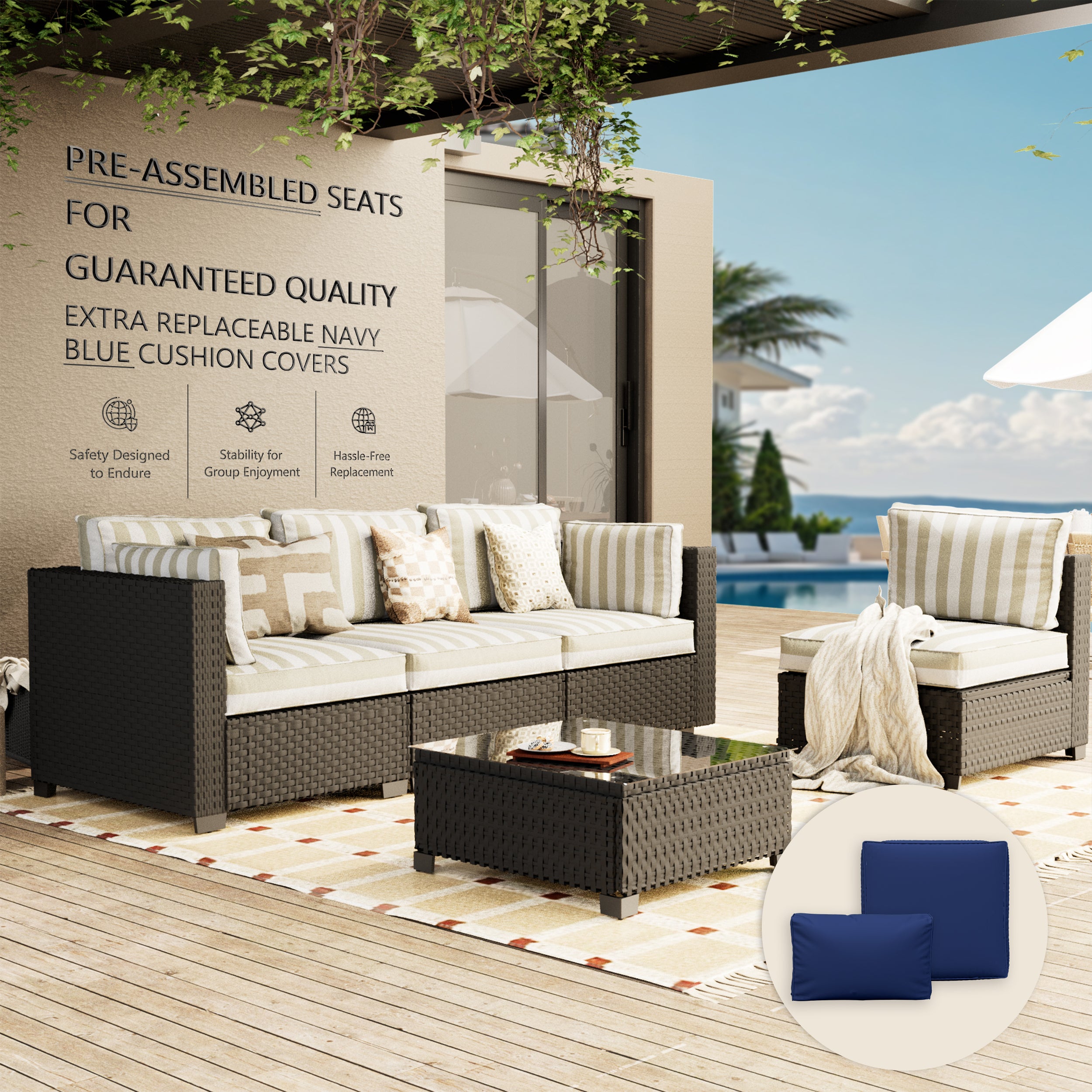 Ark Design 5-Piece Rattan Wicker Outdoor Patio Conversation SofaSeating Set with Coffee Table, Stripe Brown Cushions with Sofa Protection Cover Option