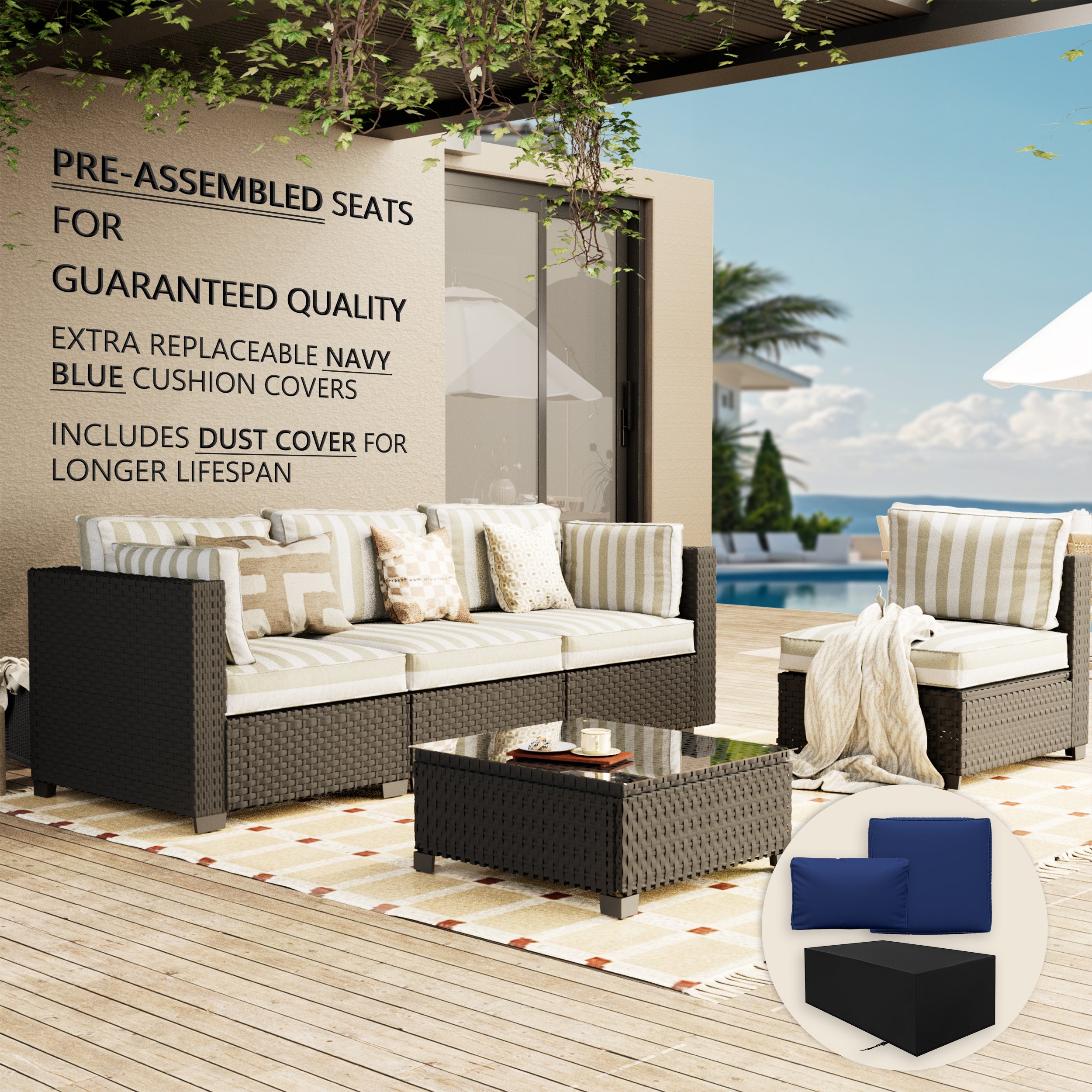 Ark Design 5-Piece Rattan Wicker Outdoor Patio Conversation SofaSeating Set with Coffee Table, Stripe Brown Cushions with Sofa Protection Cover Option