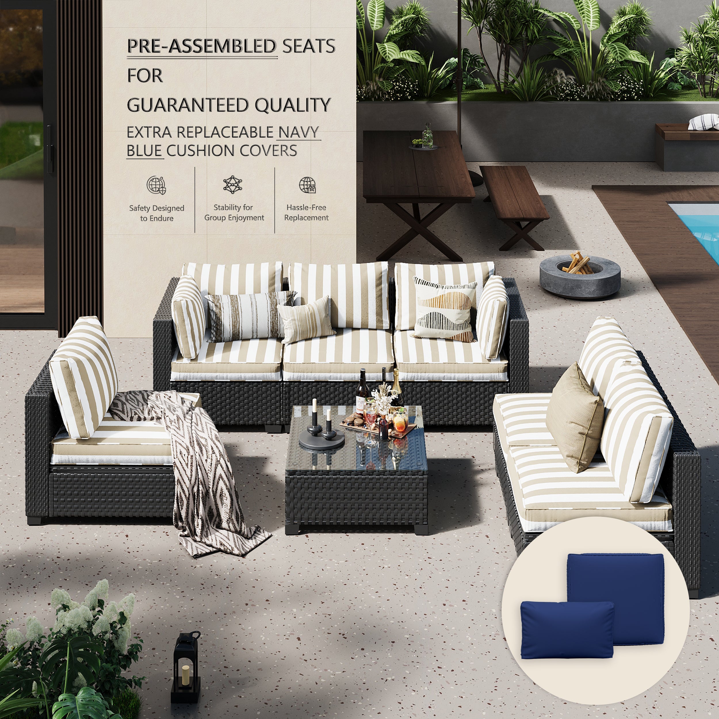 Ark Design 7-Piece Rattan Wicker Outdoor Patio Conversation SofaSeating Set with Coffee Table, Stripe Brown Cushions with Sofa Protection Cover Option