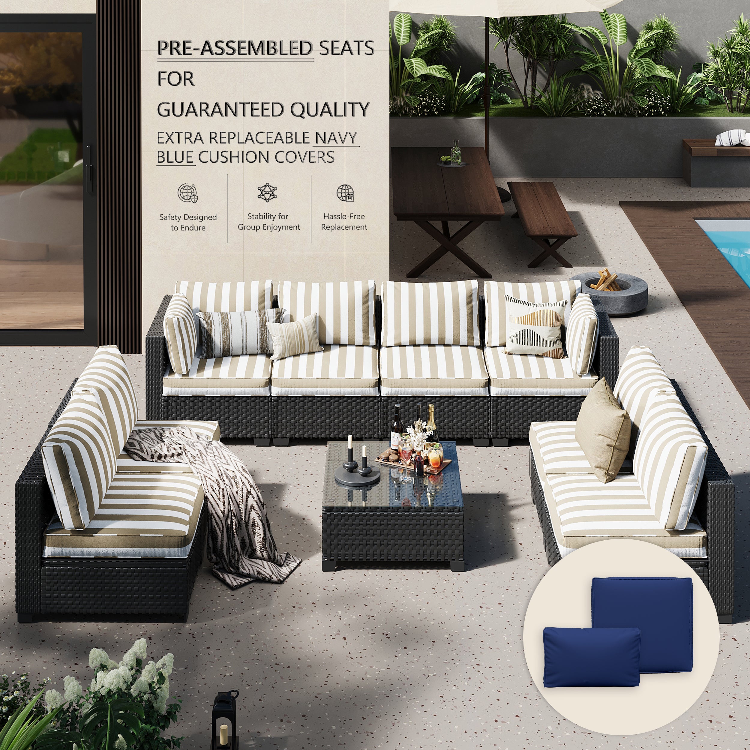 Ark Design 9-Piece Rattan Wicker Outdoor Patio Conversation SofaSeating Set with Coffee Table, Stripe Brown Cushions with Sofa Protection Cover Option