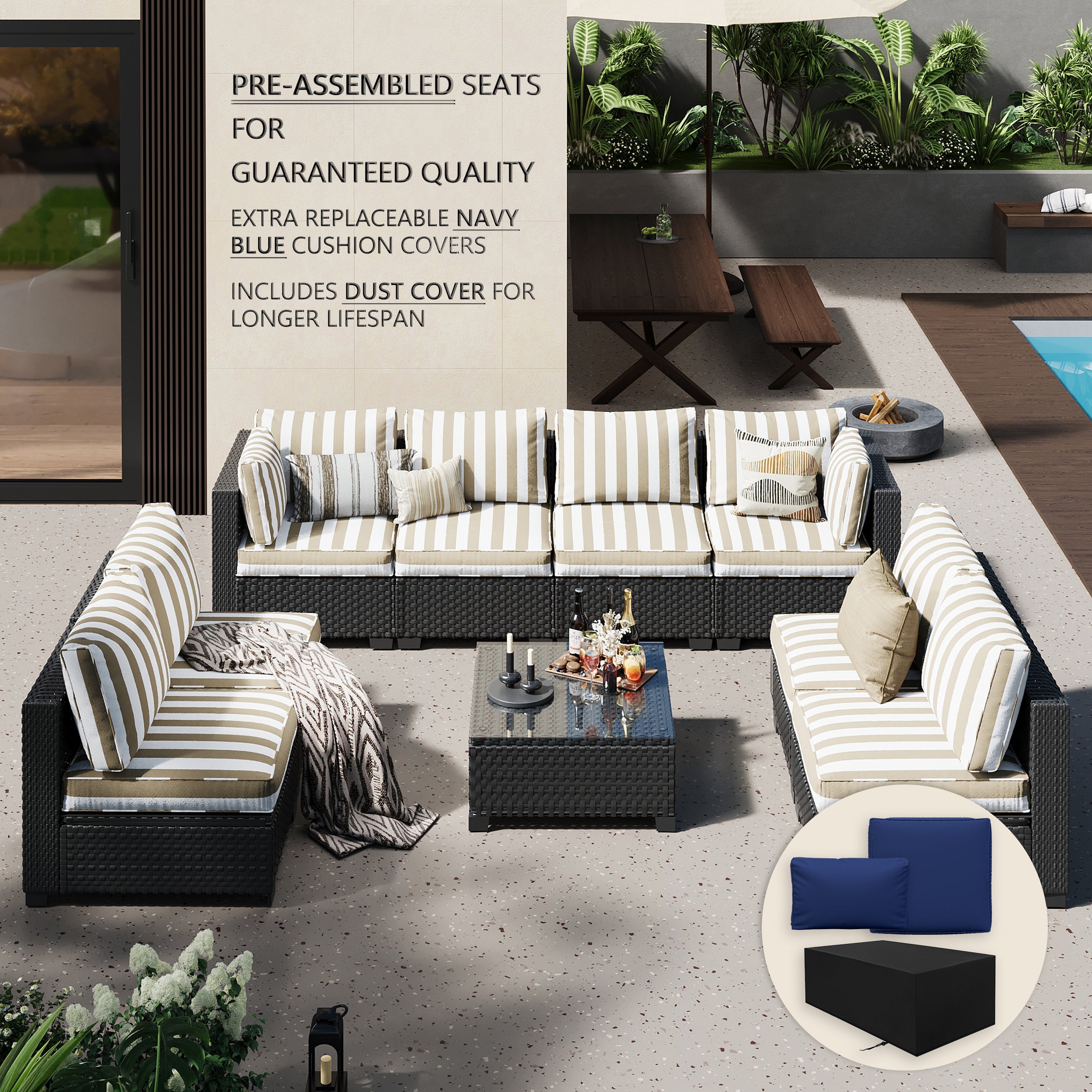 Ark Design 9-Piece Rattan Wicker Outdoor Patio Conversation SofaSeating Set with Coffee Table, Stripe Brown Cushions with Sofa Protection Cover Option