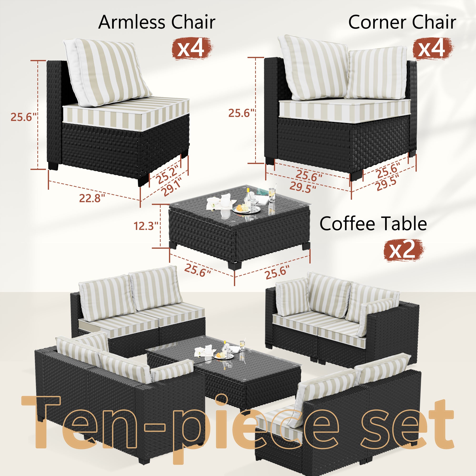 Ark Design 10-Piece Rattan Wicker Outdoor Patio Conversation SofaSeating Set with Coffee Table, Stripe Brown Cushions with Sofa Protection Cover Option