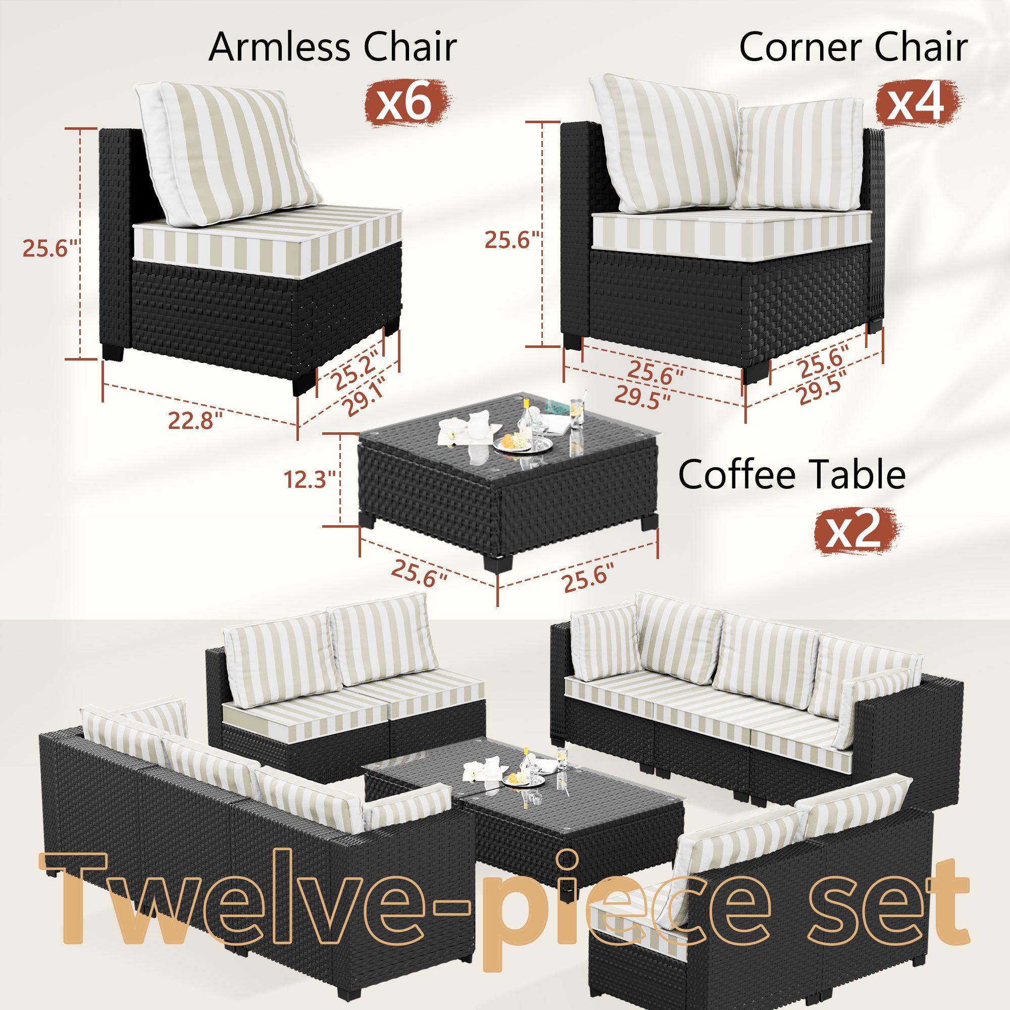 Ark Design 12-Piece Rattan Wicker Outdoor Patio Conversation SofaSeating Set with Coffee Table, Stripe Brown Cushions with Sofa Protection Cover Option