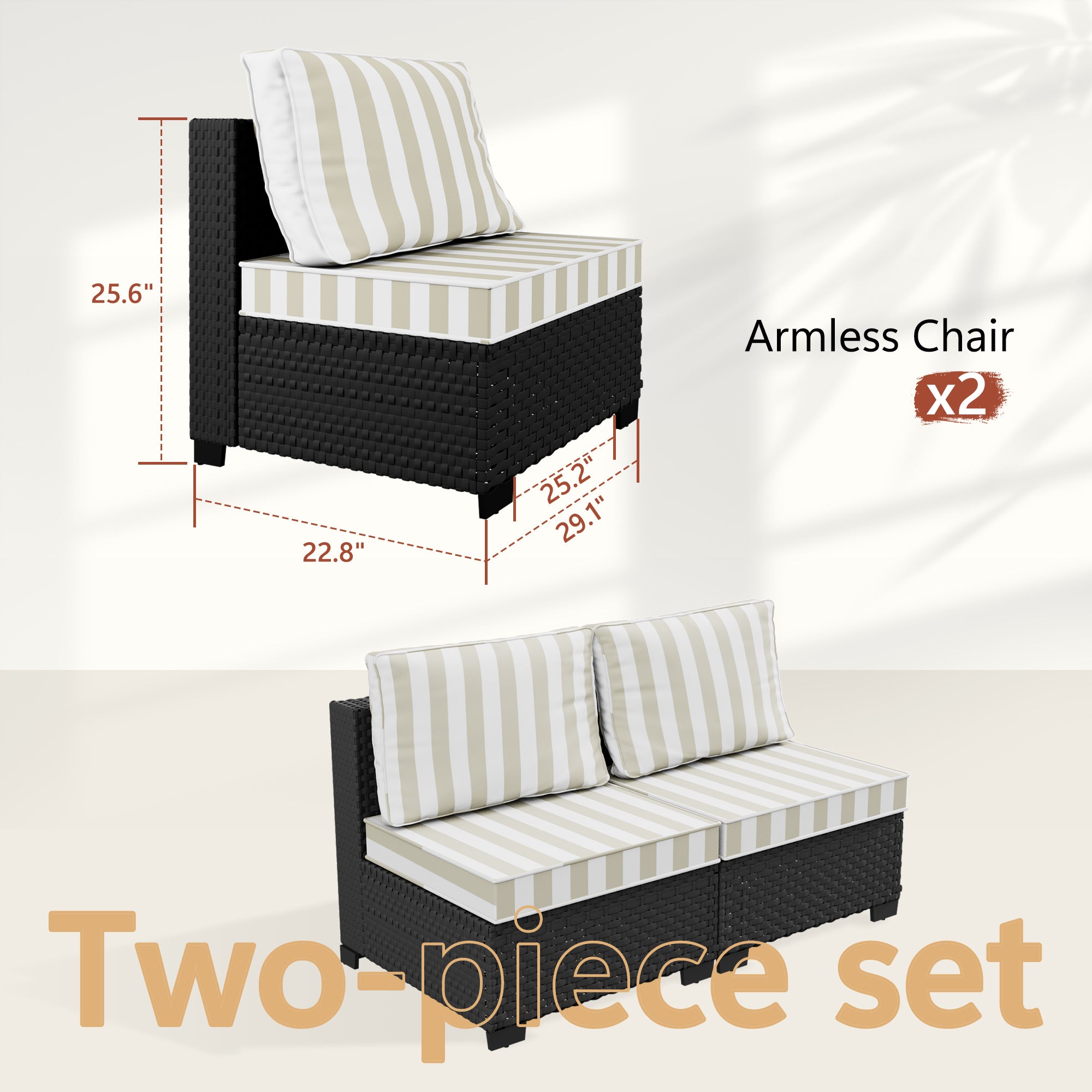 Ark Design 2-Piece Rattan Wicker Outdoor Patio Conversation SofaSeating Set, Stripe Brown Cushions with Sofa Protection Cover Option