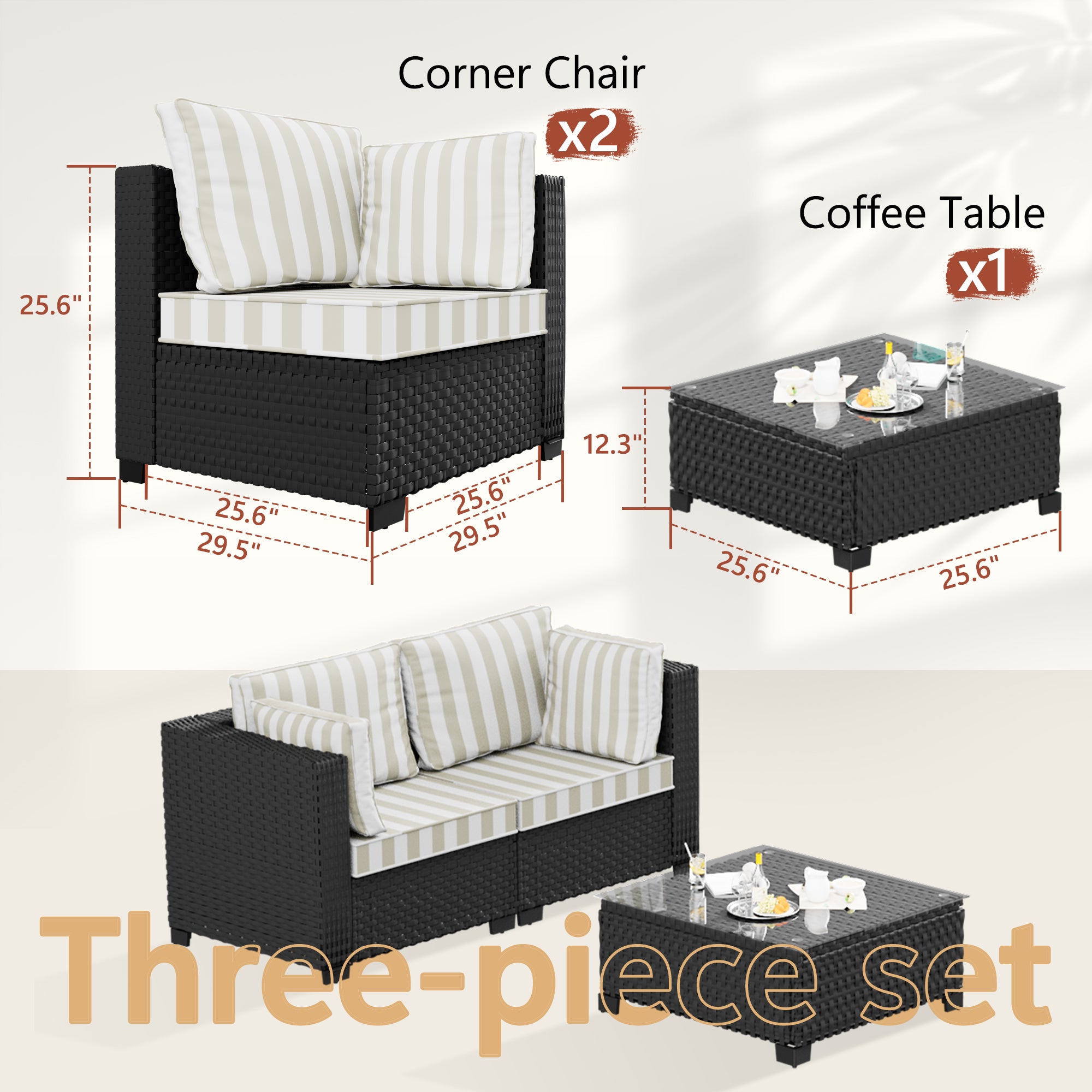 Ark Design 3-Piece Rattan Wicker Outdoor Patio Conversation SofaSeating Set with Coffee Table, Stripe Brown Cushions with Sofa Protection Cover Option