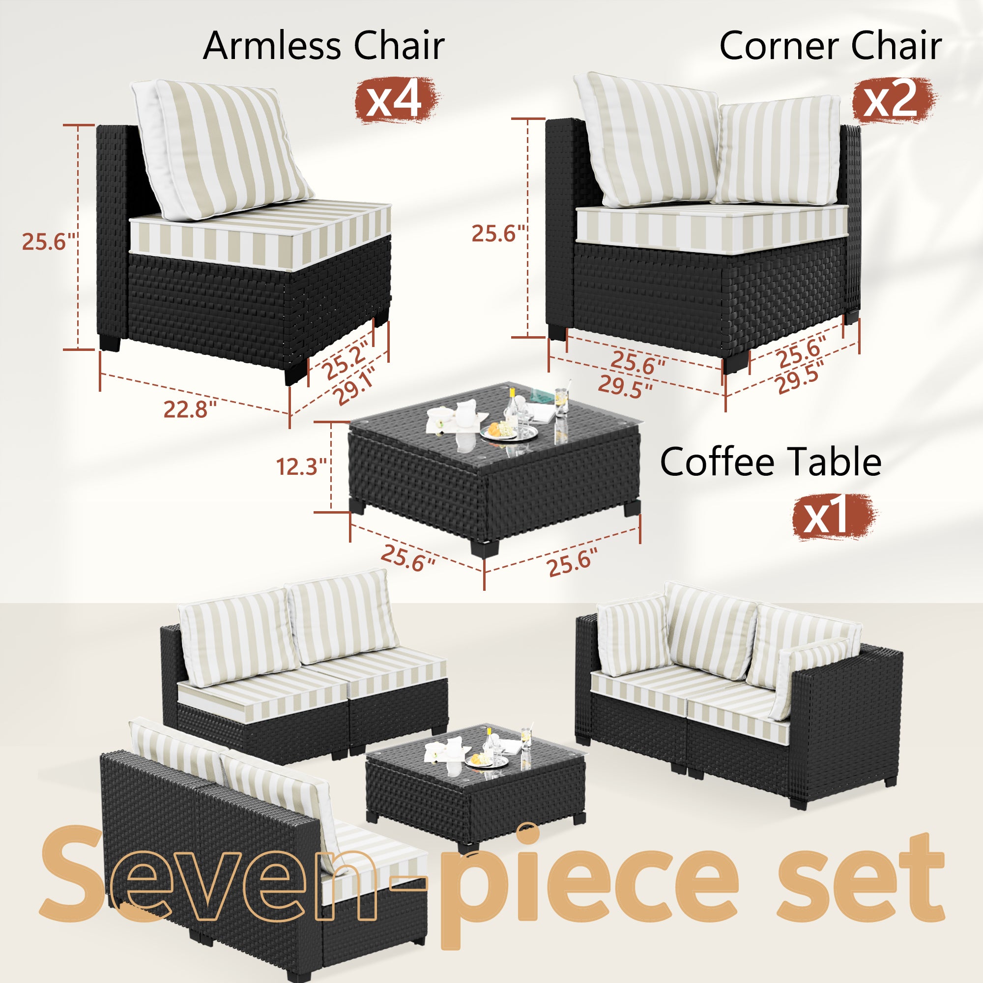 Ark Design 7-Piece Rattan Wicker Outdoor Patio Conversation SofaSeating Set with Coffee Table, Stripe Brown Cushions with Sofa Protection Cover Option