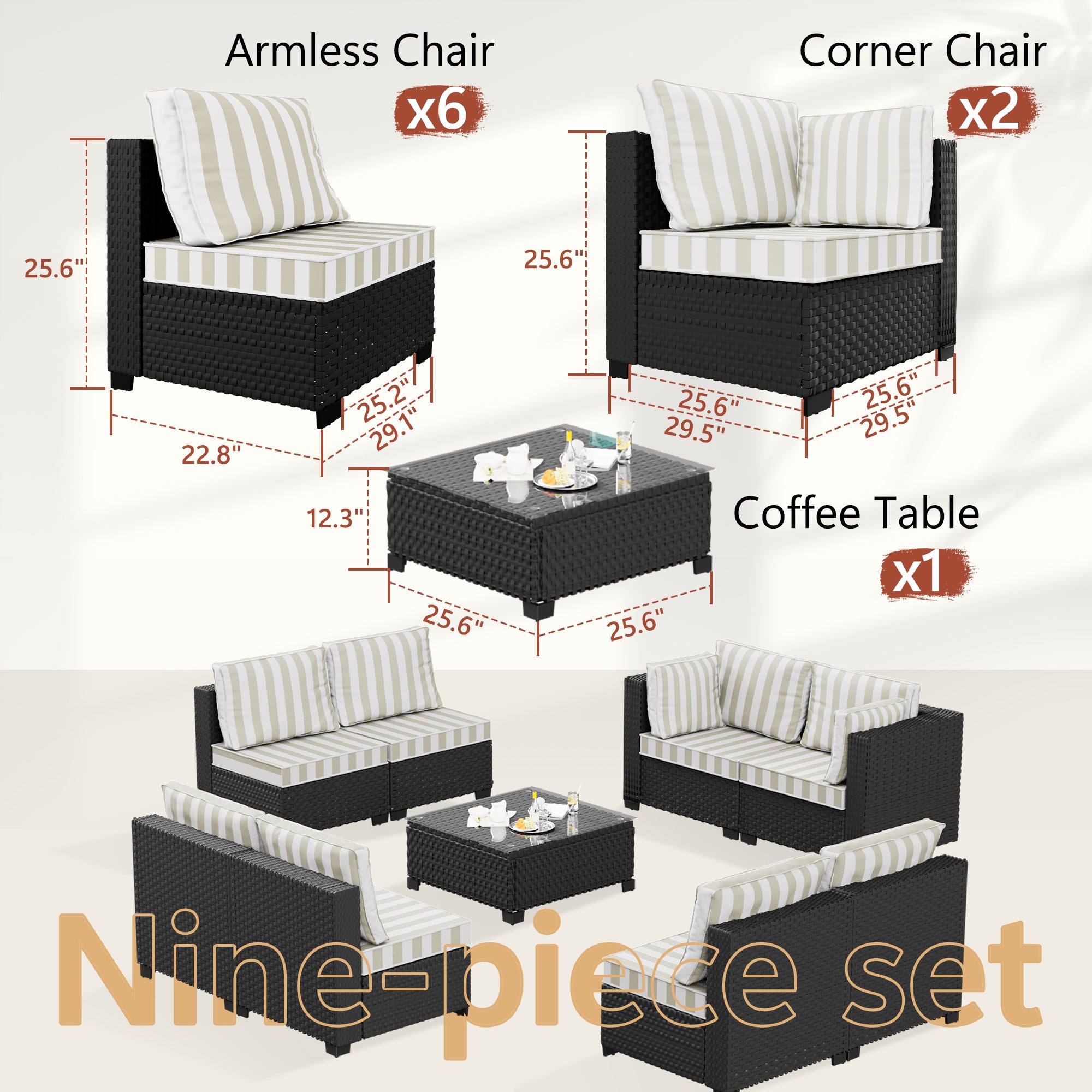 Ark Design 9-Piece Rattan Wicker Outdoor Patio Conversation SofaSeating Set with Coffee Table, Stripe Brown Cushions with Sofa Protection Cover Option