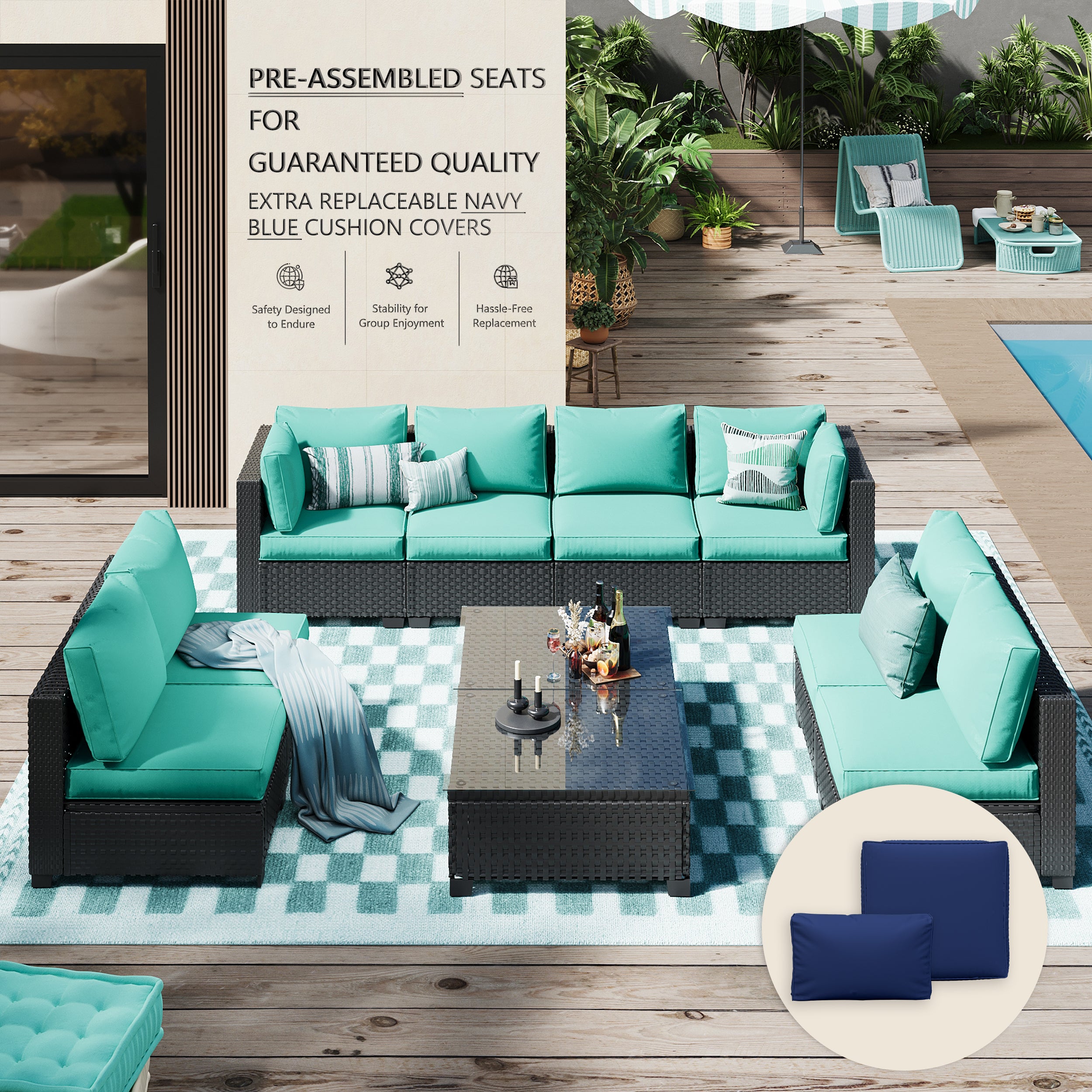 Ark Design 10-Piece Rattan Wicker Outdoor Patio Conversation SofaSeating Set with Coffee Table, Green Cushions with Sofa Protection Cover Option